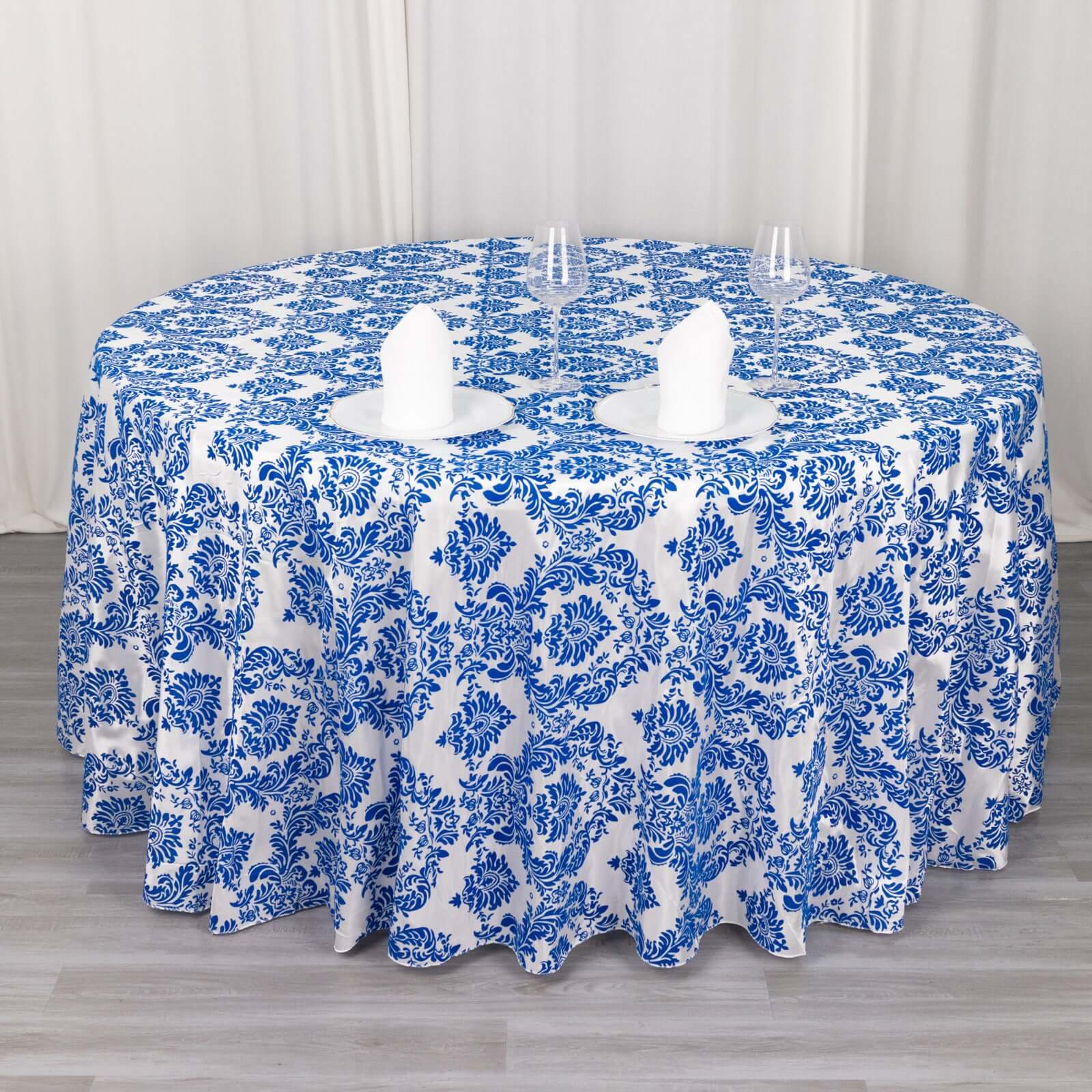 Taffeta 120" Round Tablecloth Royal Blue - Seamless Velvet Flocking Damask Table Cover - Bell Racket Store