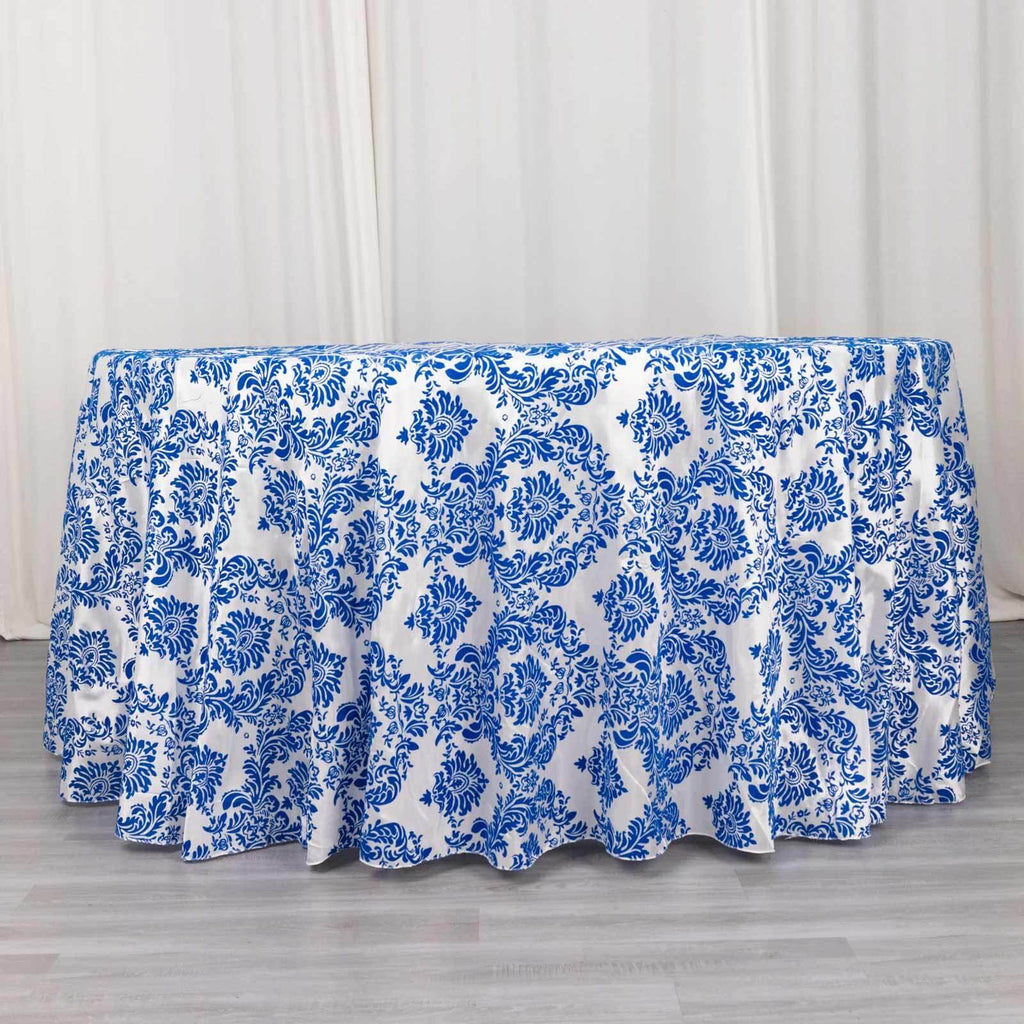 Taffeta 120" Round Tablecloth Royal Blue - Seamless Velvet Flocking Damask Table Cover - Bell Racket Store