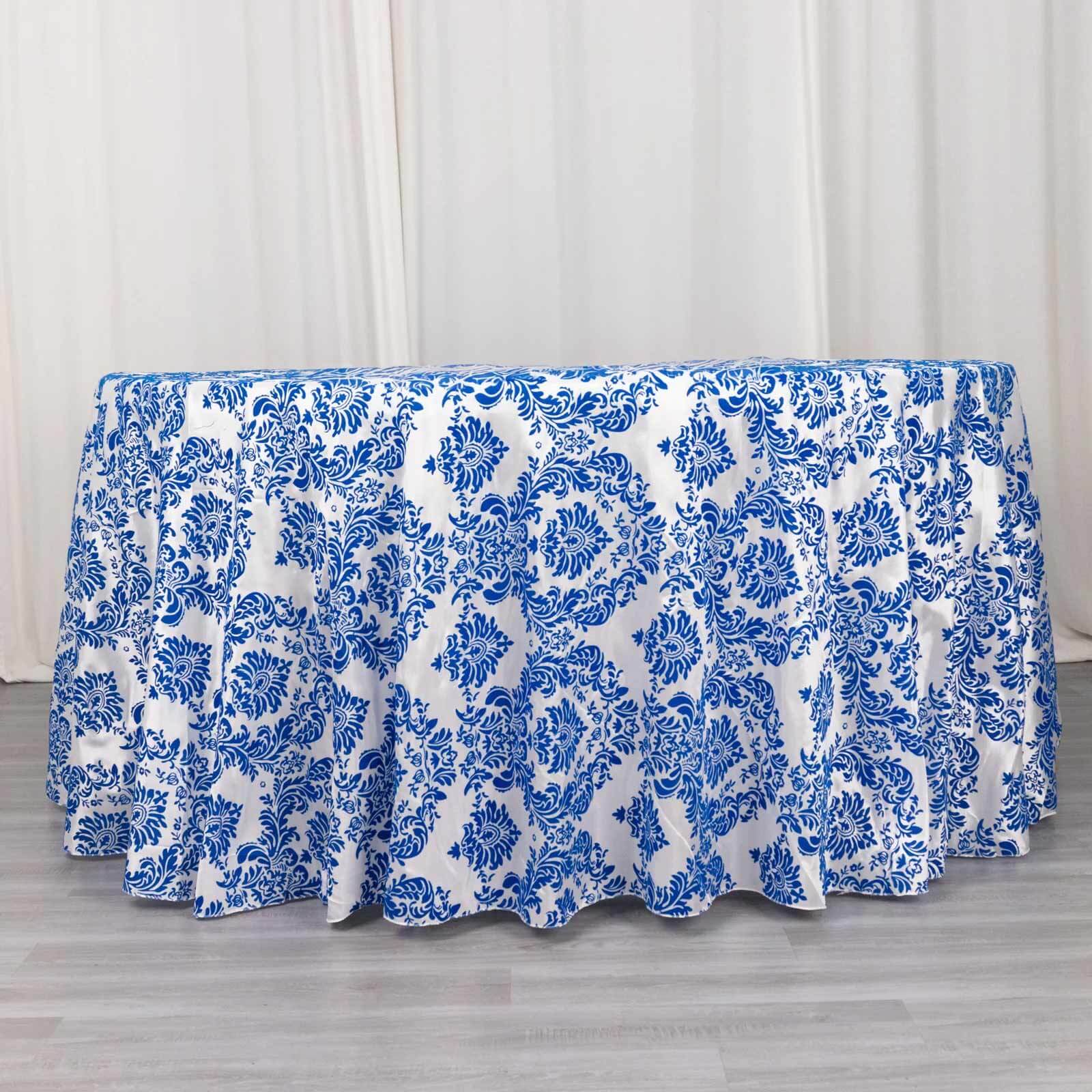 Taffeta 120" Round Tablecloth Royal Blue - Seamless Velvet Flocking Damask Table Cover - Bell Racket Store