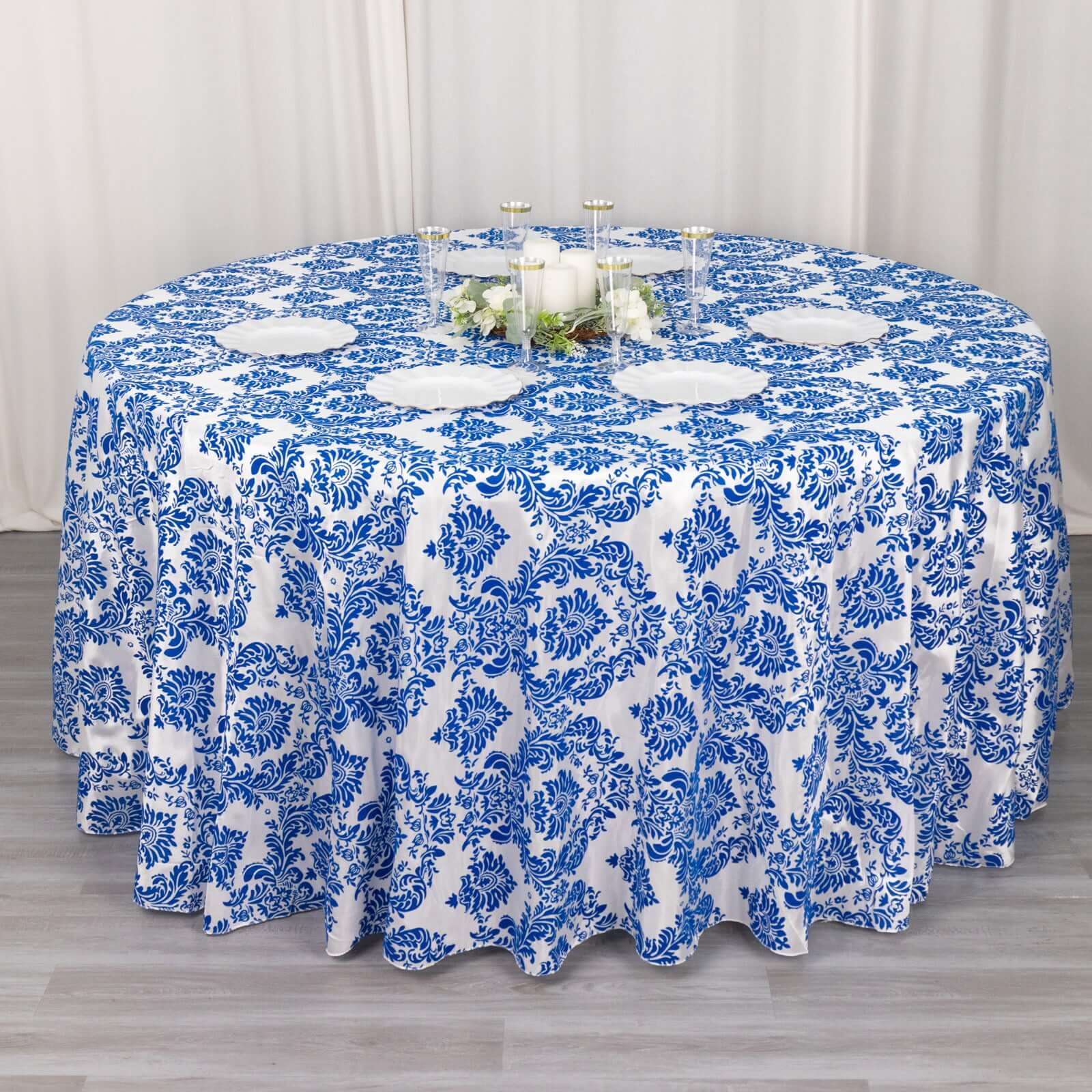 Taffeta 120" Round Tablecloth Royal Blue - Seamless Velvet Flocking Damask Table Cover - Bell Racket Store