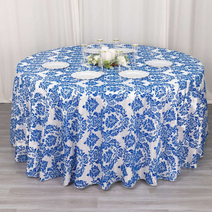 Taffeta 120" Round Tablecloth Royal Blue - Seamless Velvet Flocking Damask Table Cover - Bell Racket Store