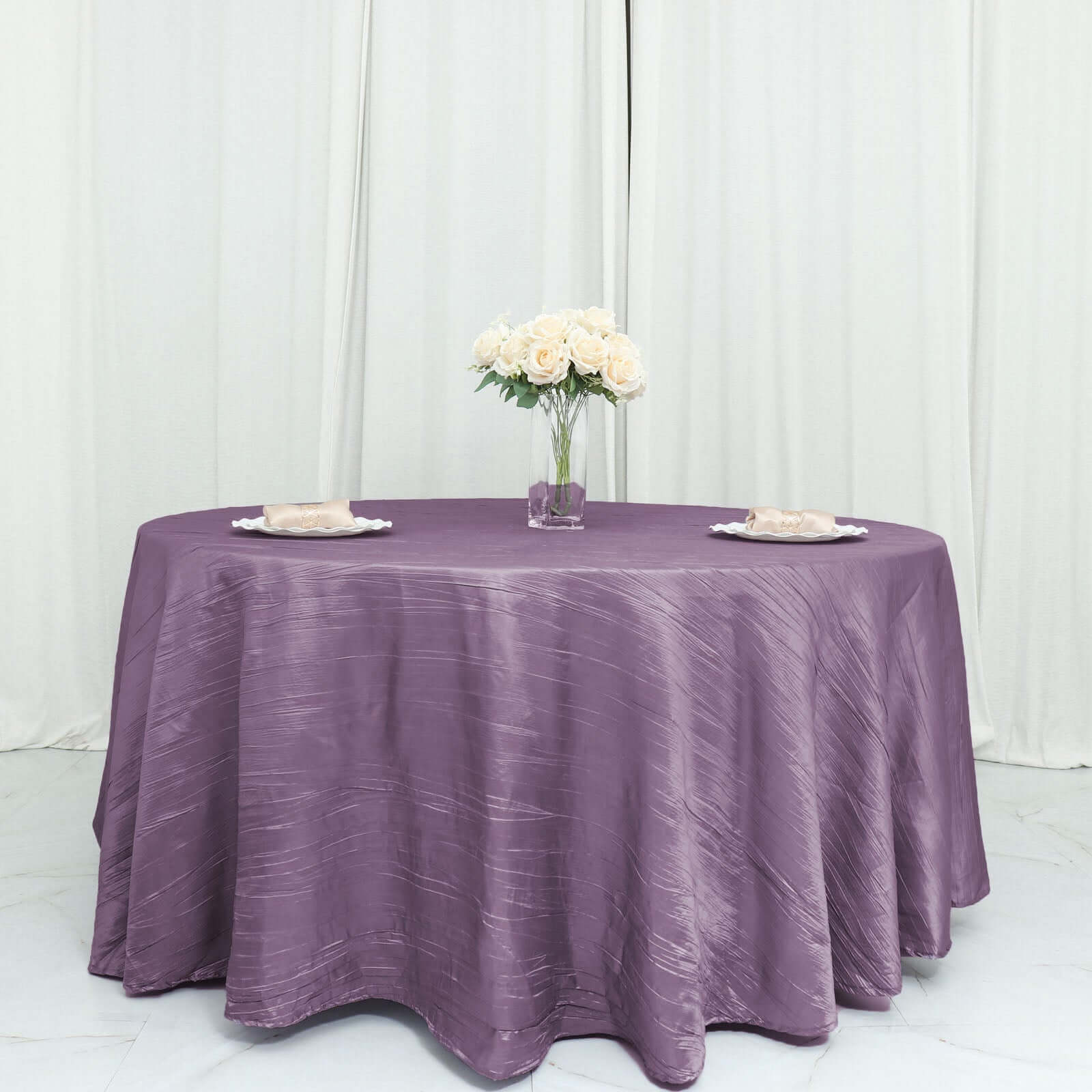 Taffeta 120" Round Tablecloth Violet Amethyst - Seamless Accordion Crinkle Table Cover - Bell Racket Store