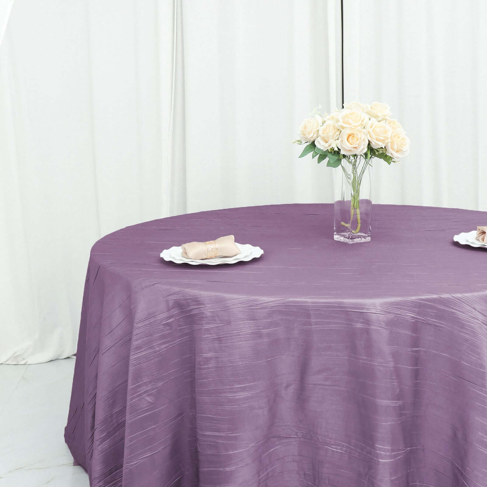 Taffeta 120" Round Tablecloth Violet Amethyst - Seamless Accordion Crinkle Table Cover - Bell Racket Store