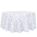Taffeta 120" Round Tablecloth White | 3D Leaf Petal Design Seamless Table Cover for Chic Wedding & Event Decor