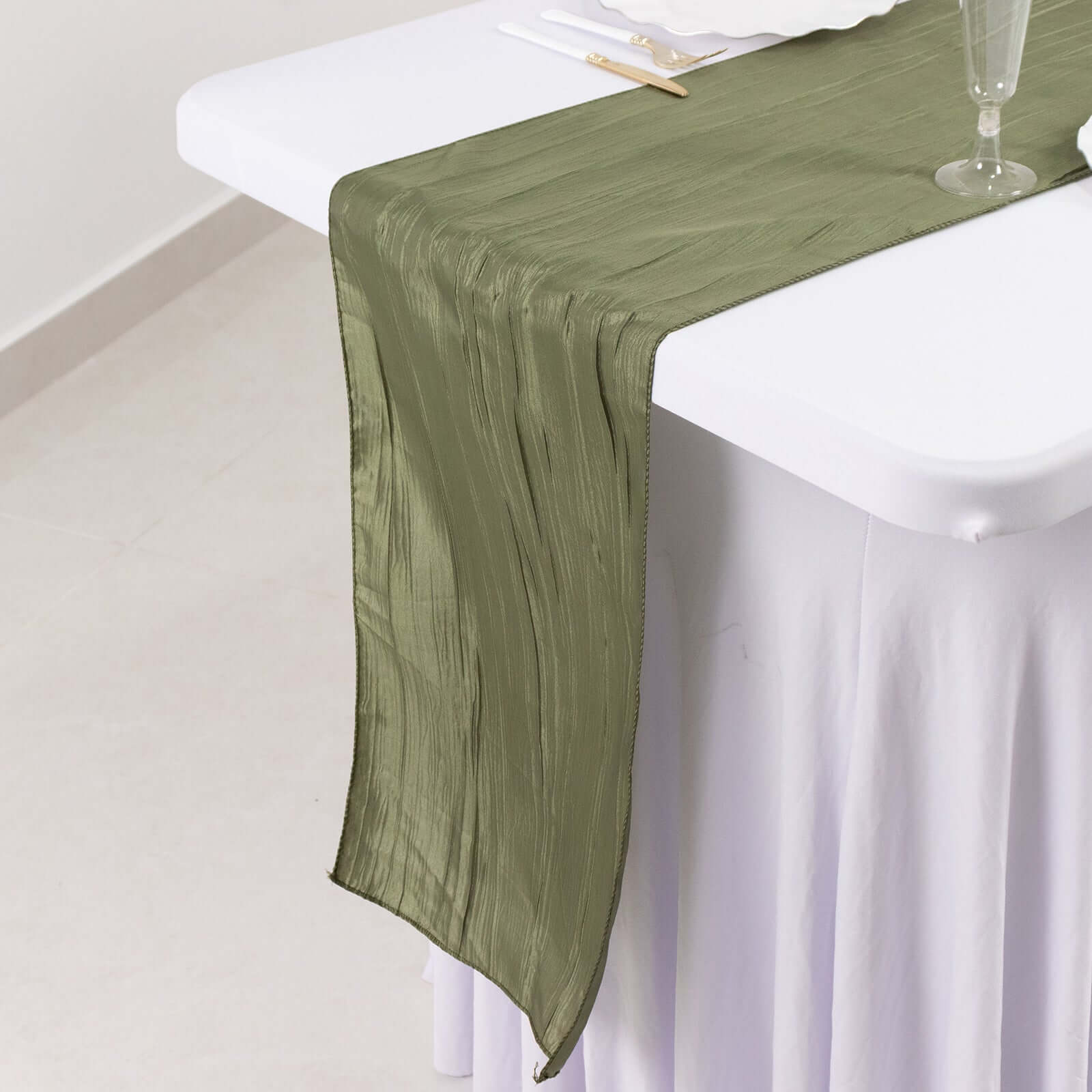Taffeta 12"x108" Table Runner Dusty Sage Green - Accordion Crinkle Design - Bell Racket Store
