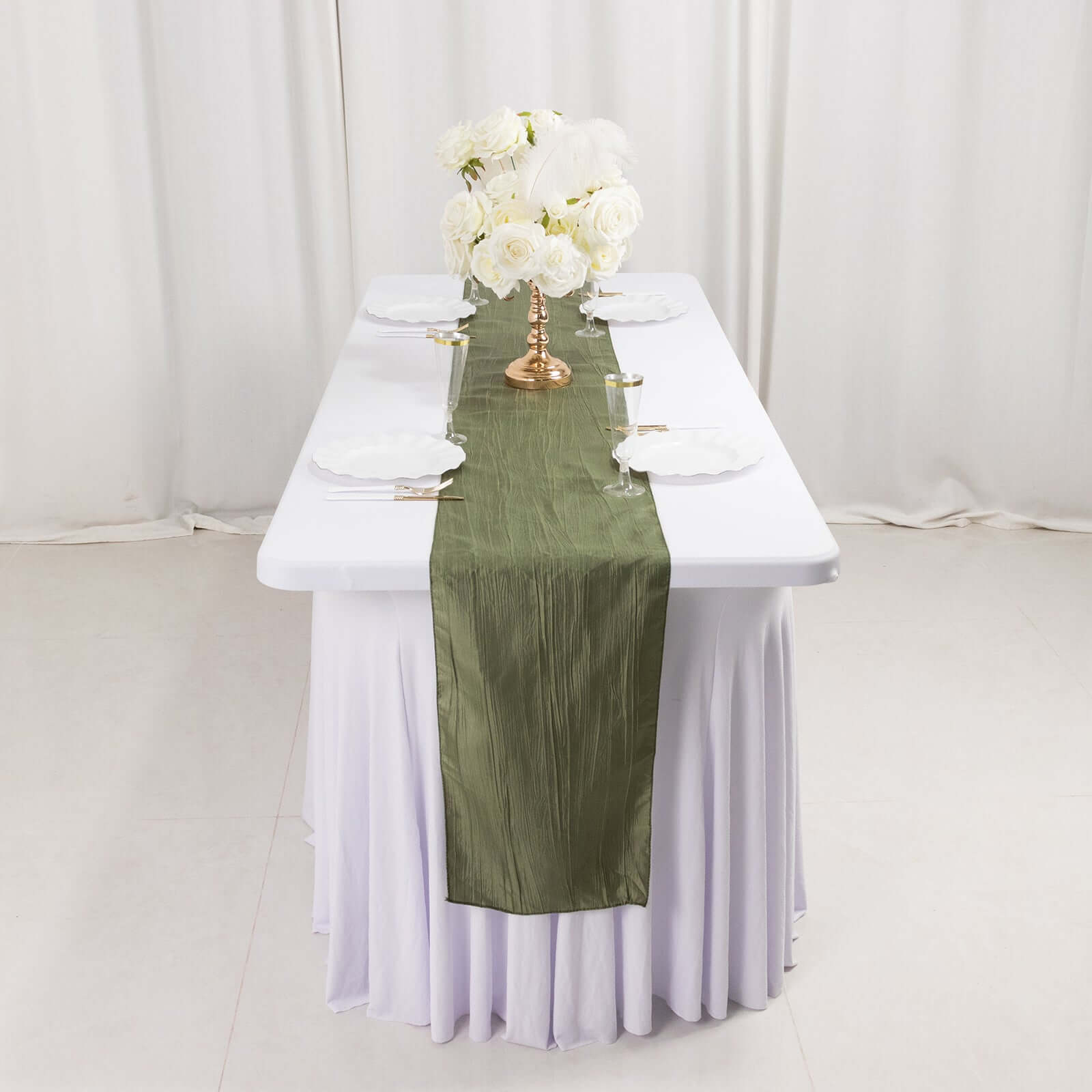 Taffeta 12"x108" Table Runner Dusty Sage Green - Accordion Crinkle Design - Bell Racket Store