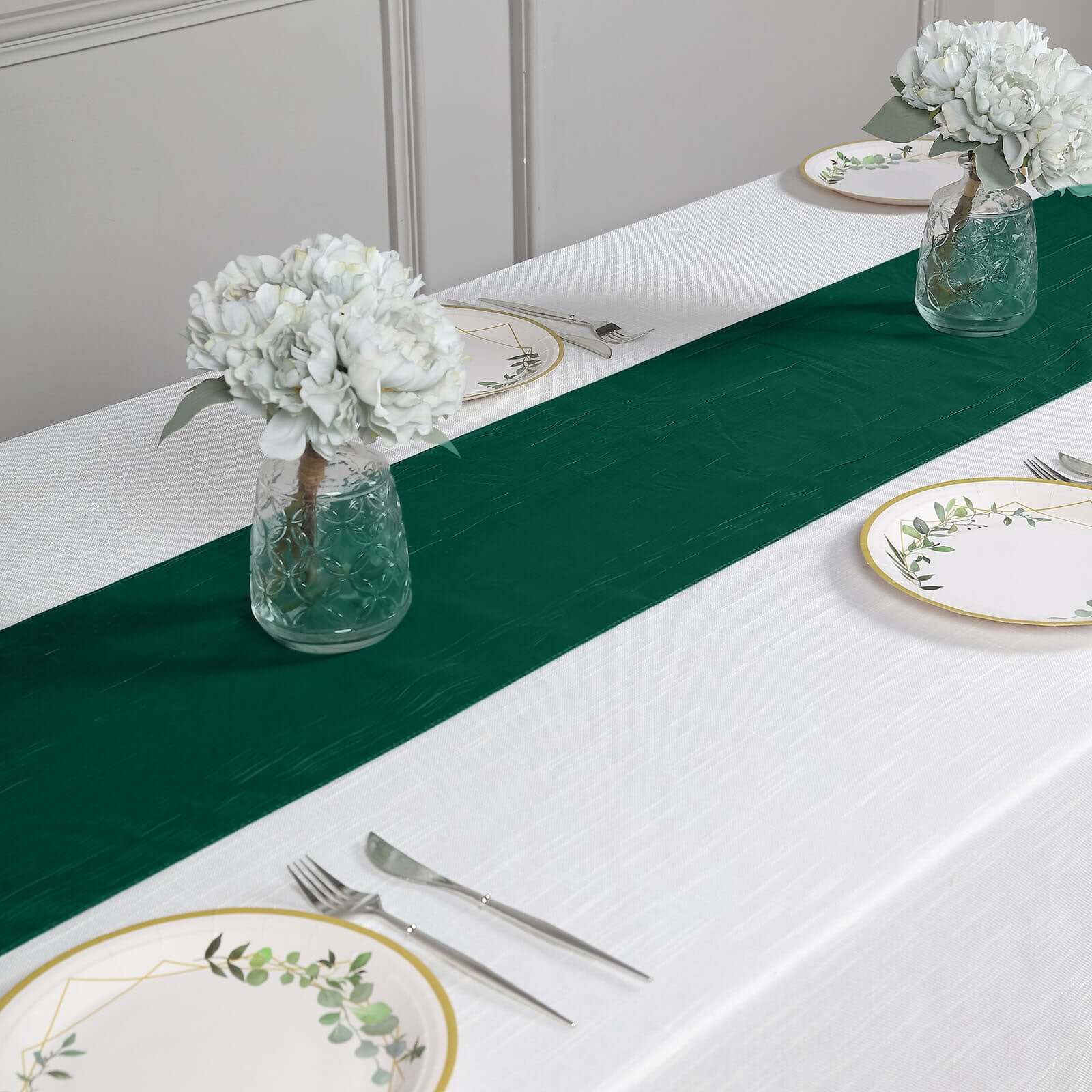 Taffeta 12"x108" Table Runner Hunter Emerald Green - Accordion Crinkle Design - Bell Racket Store