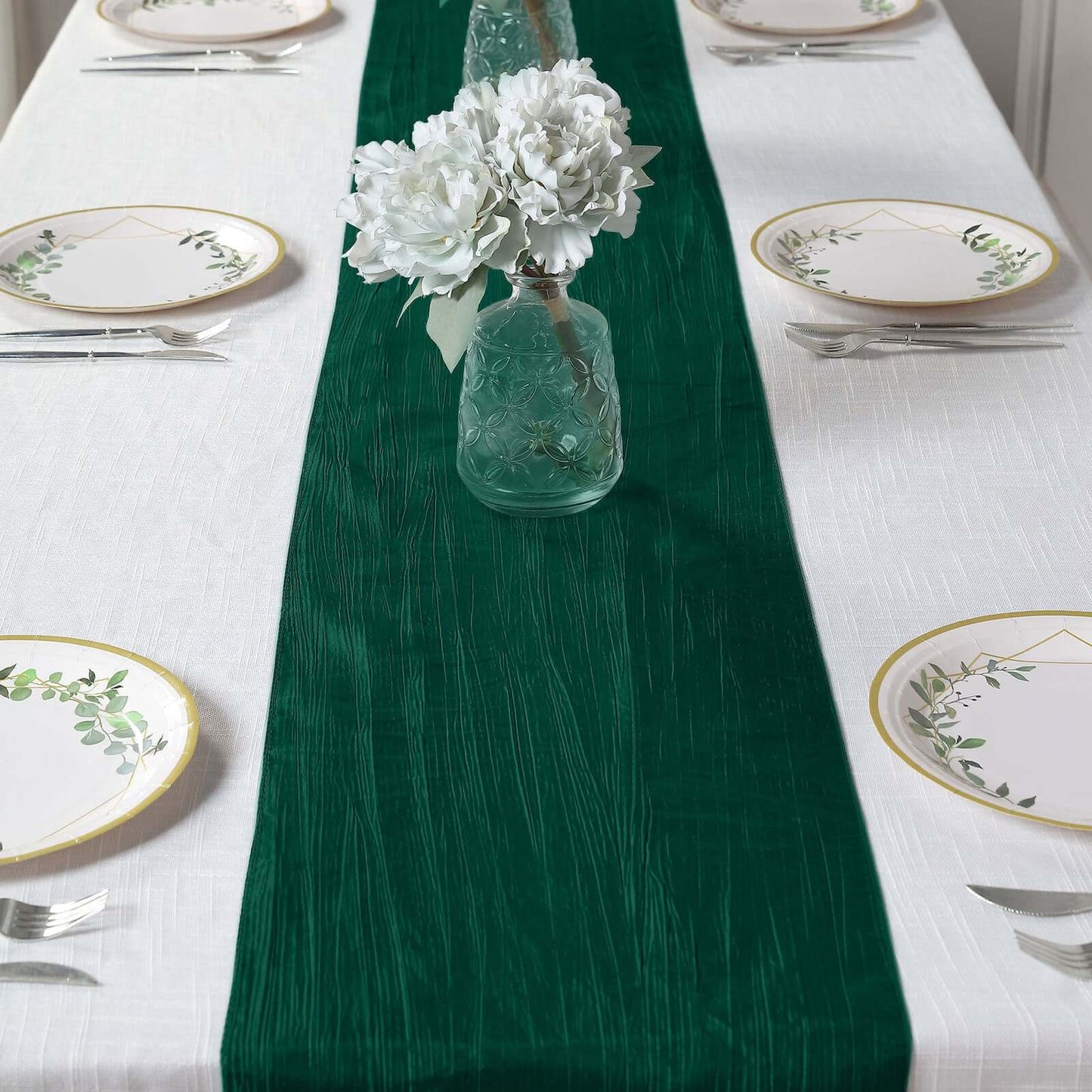 Taffeta 12"x108" Table Runner Hunter Emerald Green - Accordion Crinkle Design - Bell Racket Store