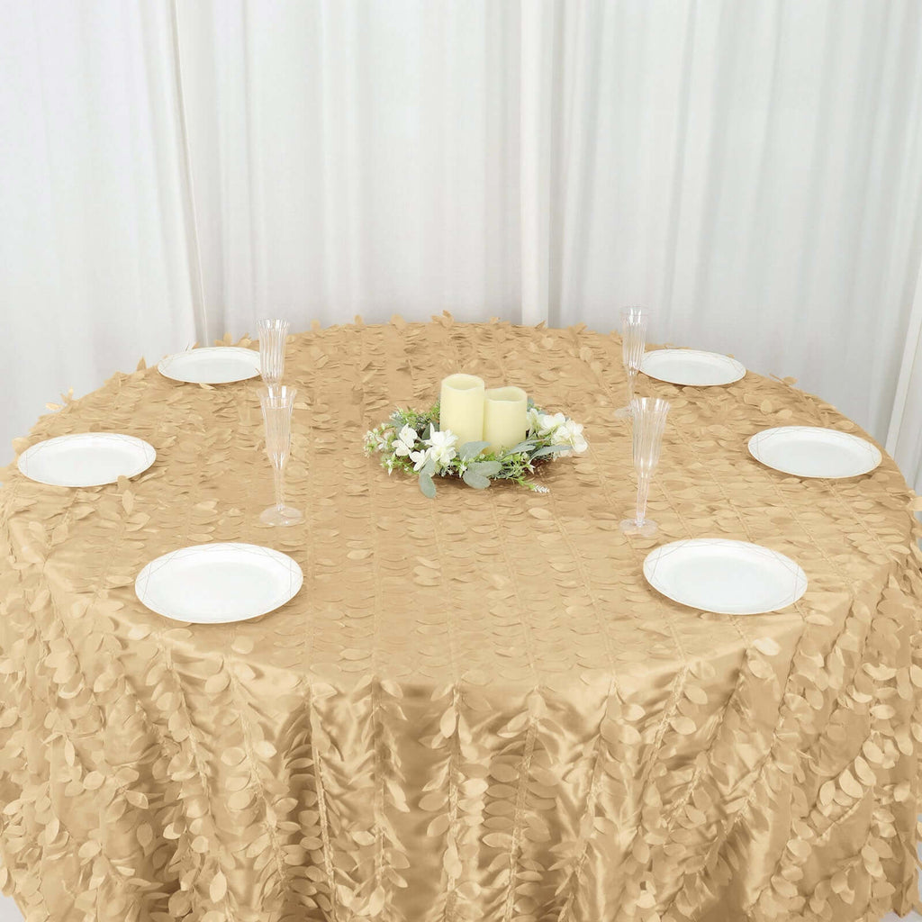 Taffeta 132" Round Tablecloth Champagne | 3D Leaf Petal Design Seamless Table Cover - Bell Racket Store