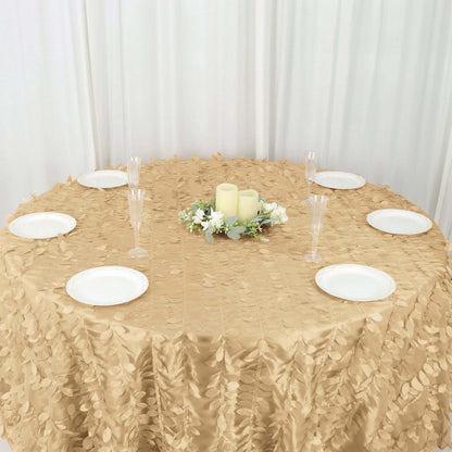 Taffeta 132" Round Tablecloth Champagne | 3D Leaf Petal Design Seamless Table Cover - Bell Racket Store
