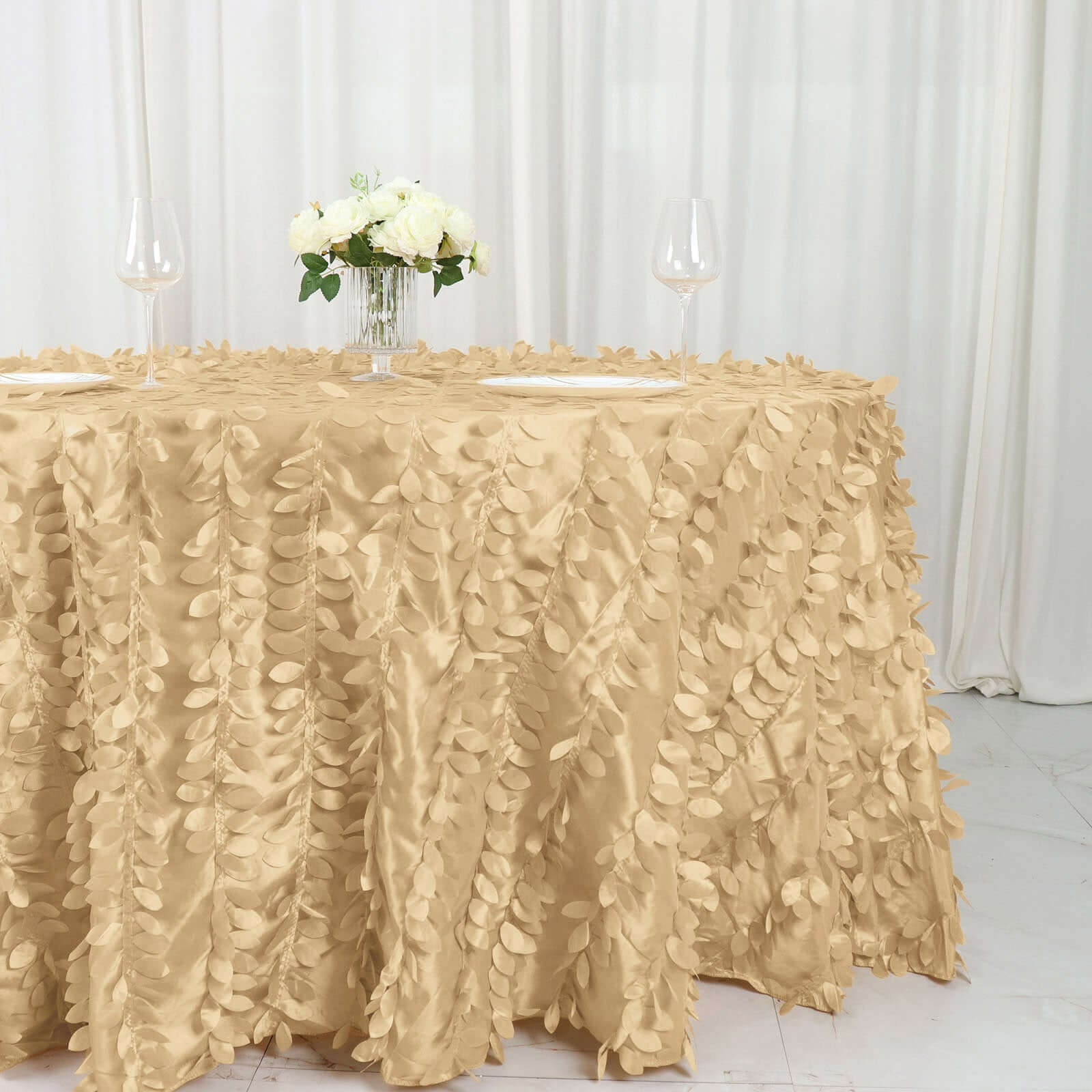 Taffeta 132" Round Tablecloth Champagne | 3D Leaf Petal Design Seamless Table Cover - Bell Racket Store