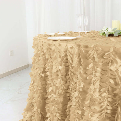 Taffeta 132" Round Tablecloth Champagne | 3D Leaf Petal Design Seamless Table Cover - Bell Racket Store