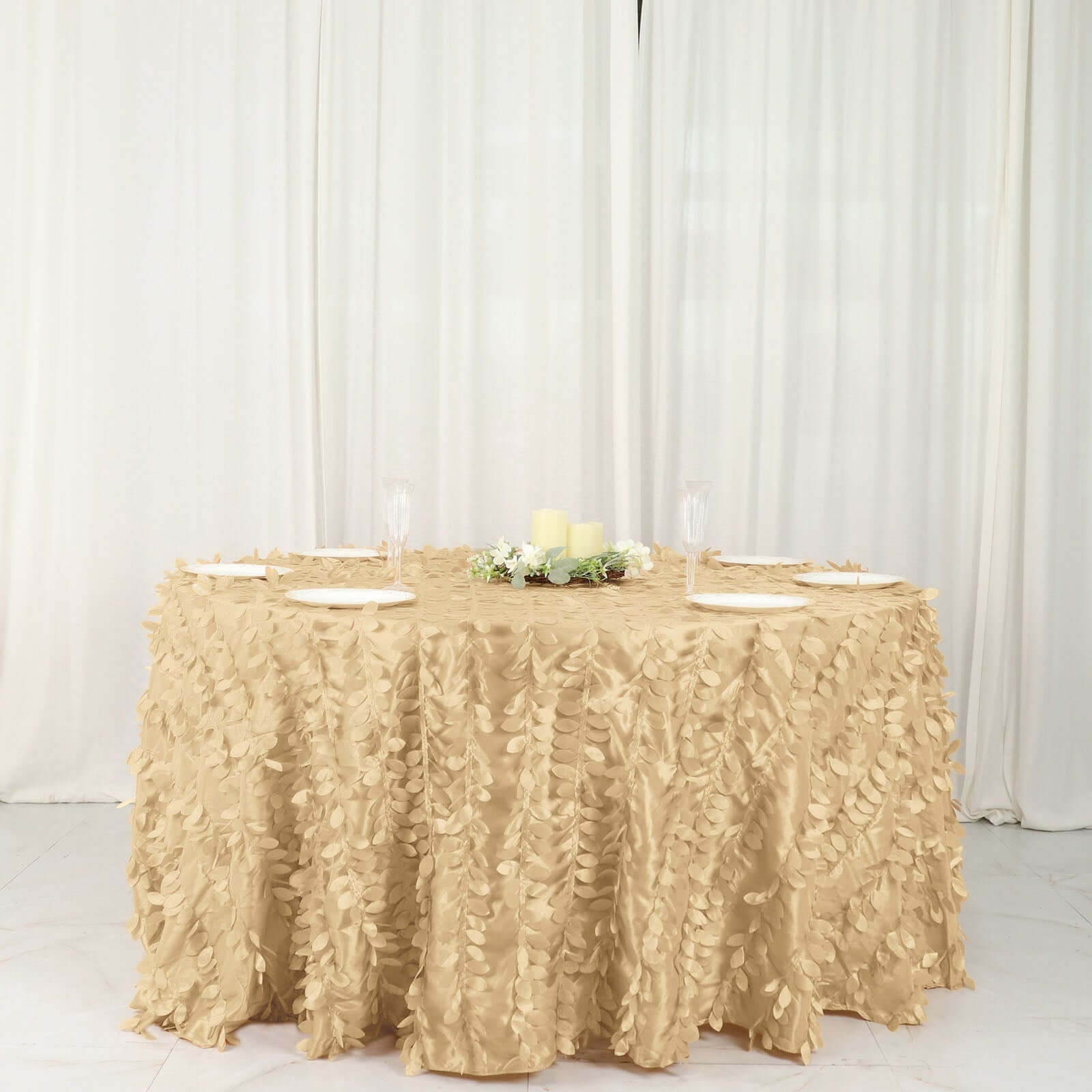 Taffeta 132" Round Tablecloth Champagne | 3D Leaf Petal Design Seamless Table Cover - Bell Racket Store