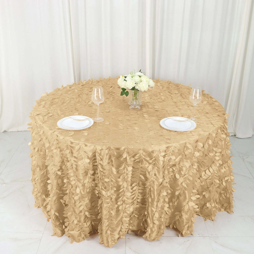 Taffeta 132" Round Tablecloth Champagne | 3D Leaf Petal Design Seamless Table Cover - Bell Racket Store