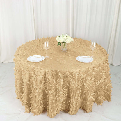 Taffeta 132" Round Tablecloth Champagne | 3D Leaf Petal Design Seamless Table Cover - Bell Racket Store