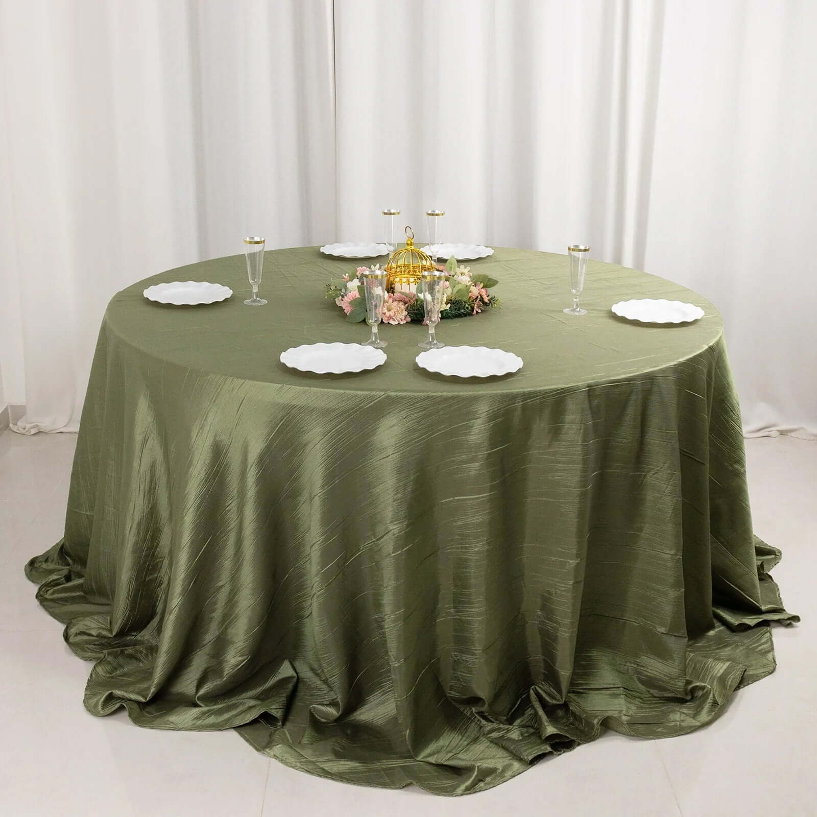 Taffeta 132" Round Tablecloth Dusty Sage Green - Seamless Accordion Crinkle Table Cover - Bell Racket Store
