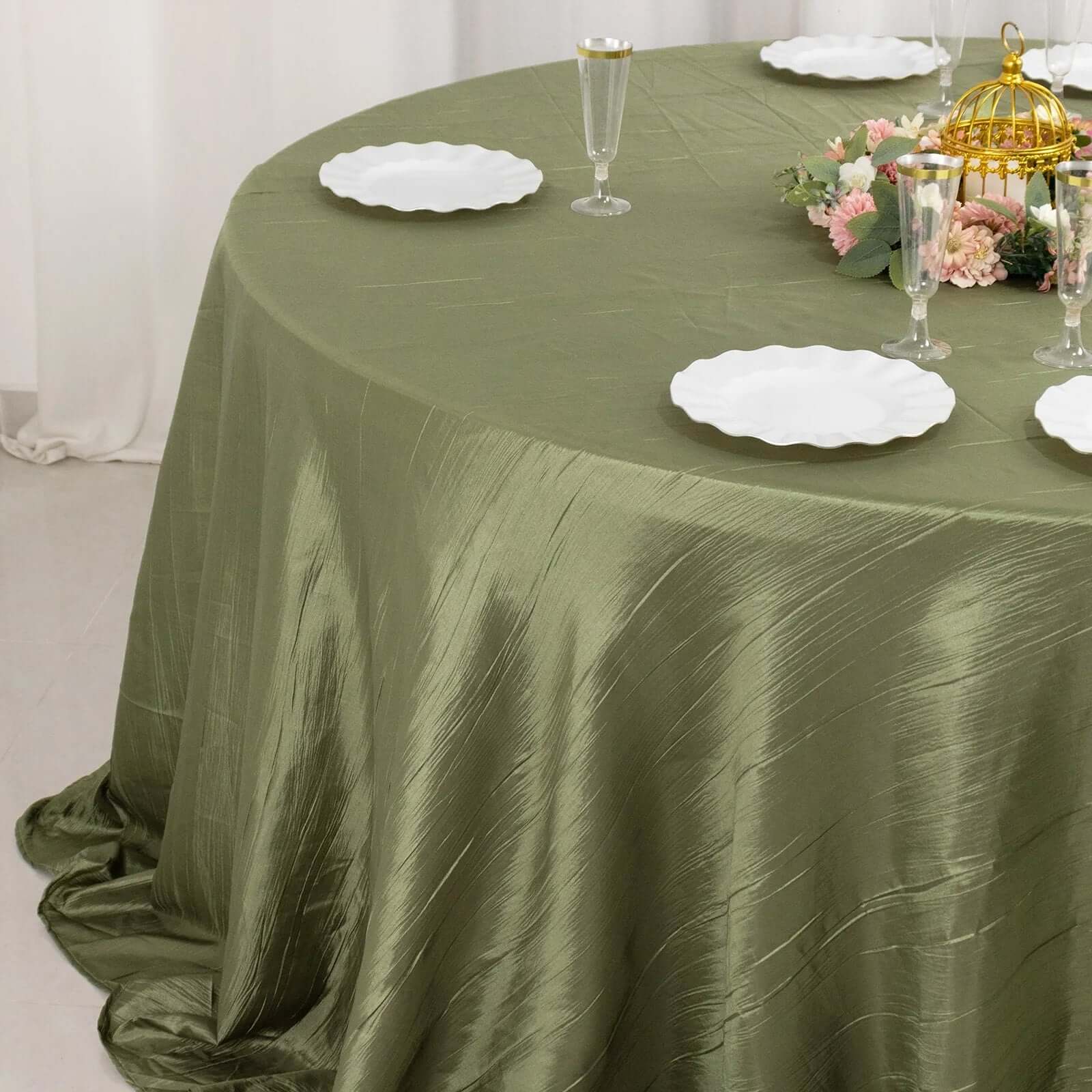 Taffeta 132" Round Tablecloth Dusty Sage Green - Seamless Accordion Crinkle Table Cover - Bell Racket Store