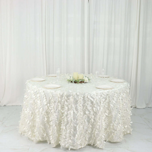 Taffeta 132" Round Tablecloth Ivory | 3D Leaf Petal Design Seamless Table Cover - Bell Racket Store
