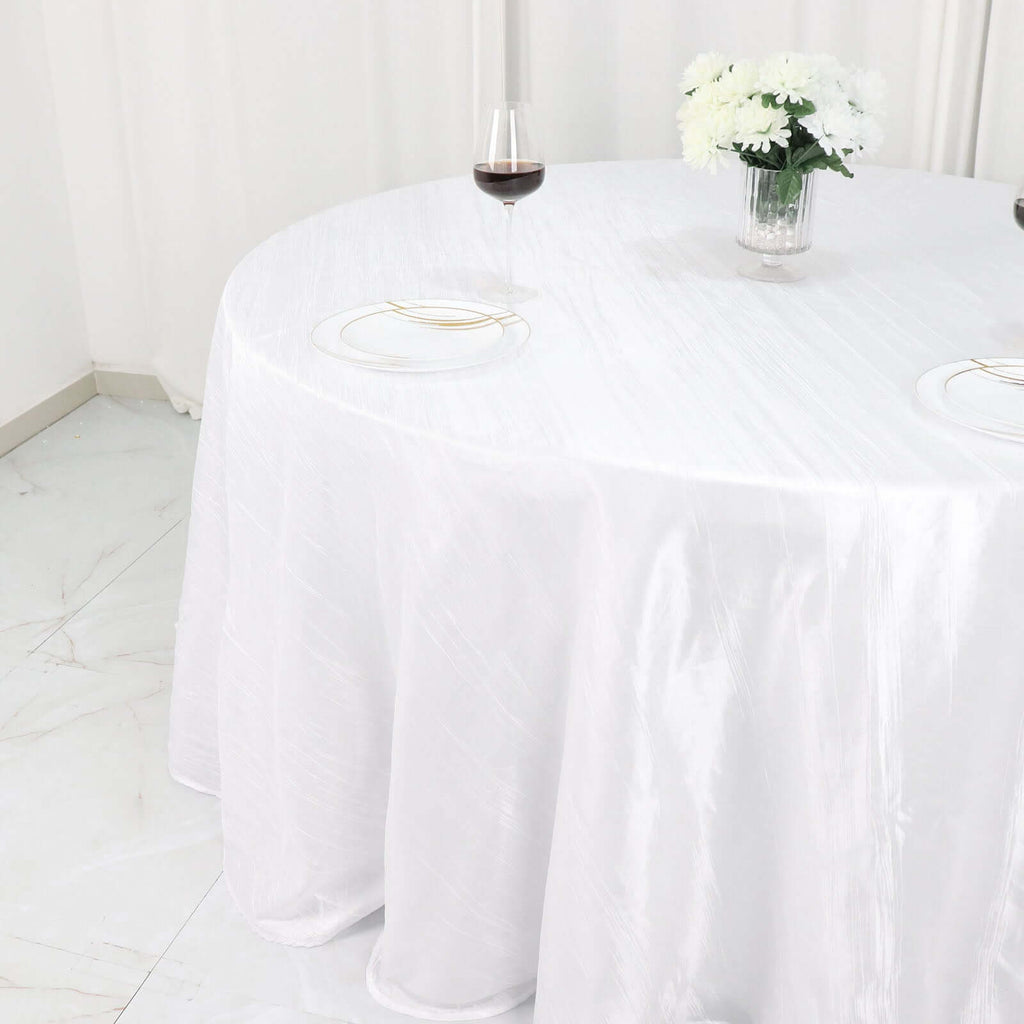 Taffeta 132" Round Tablecloth White - Seamless Accordion Crinkle Design for Exquisite Occasions - Bell Racket Store