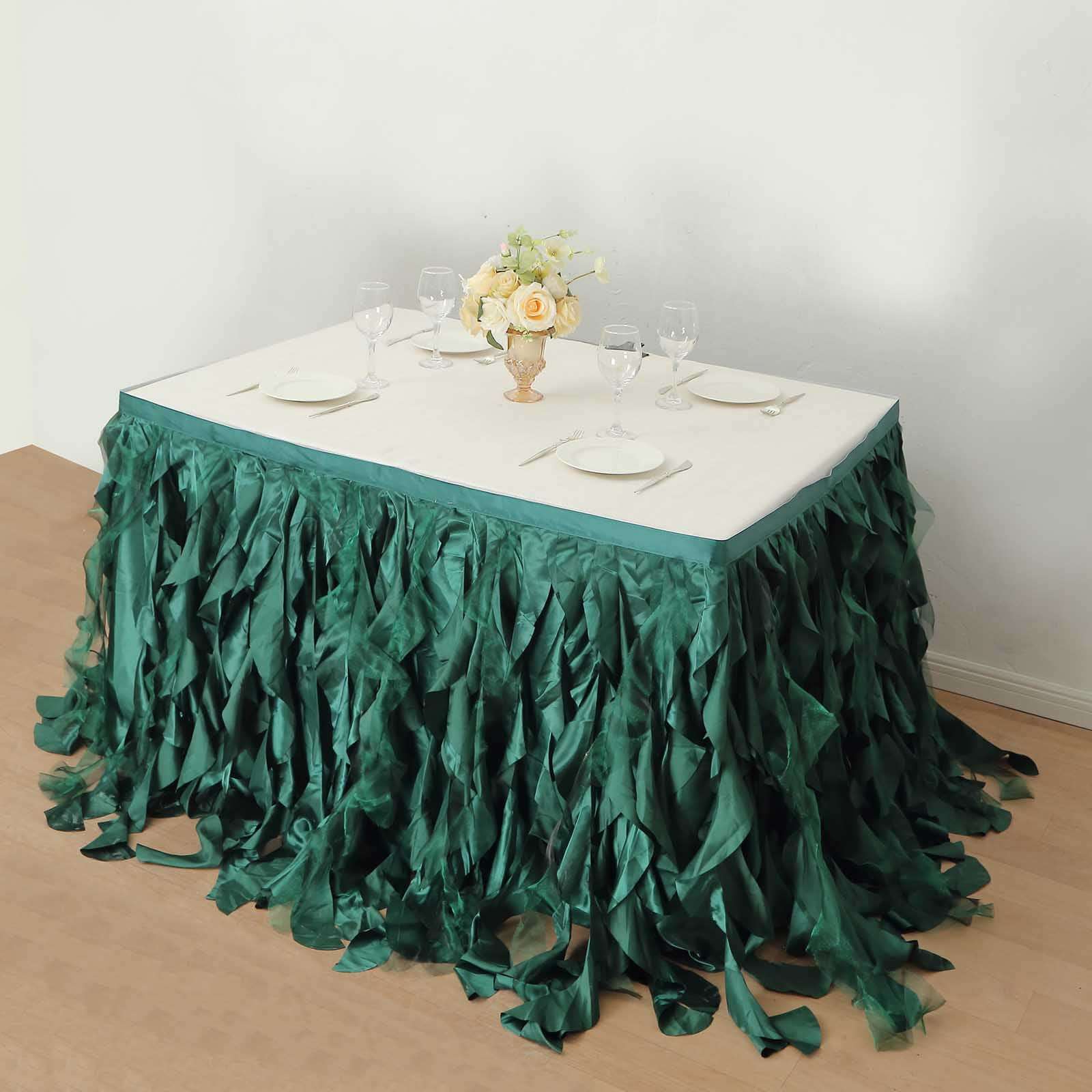 Taffeta 14ft Table Skirt Hunter Emerald Green - Cascading Curly Willow Style Table Cover - Bell Racket Store