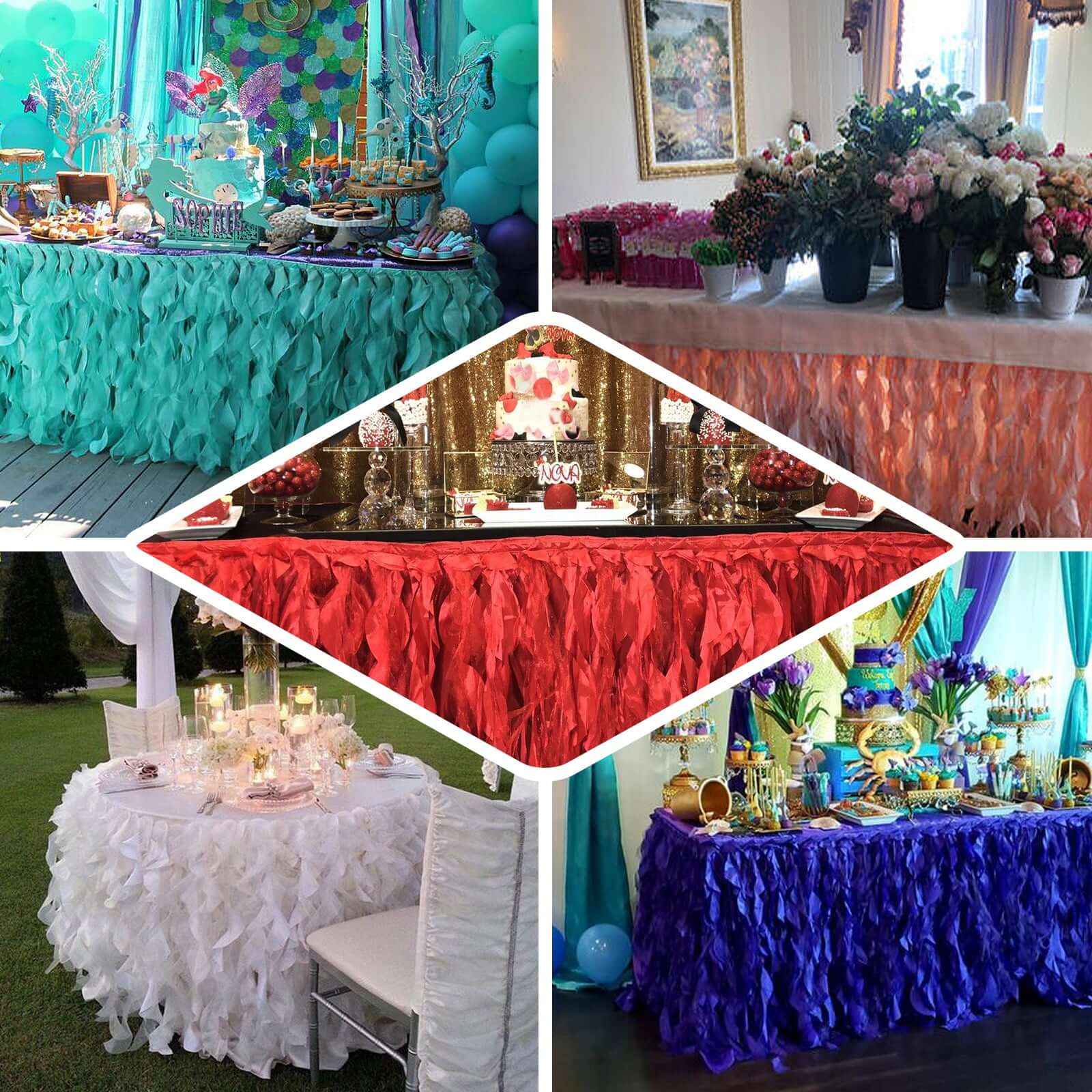 Taffeta 14ft Table Skirt Hunter Emerald Green - Cascading Curly Willow Style Table Cover - Bell Racket Store