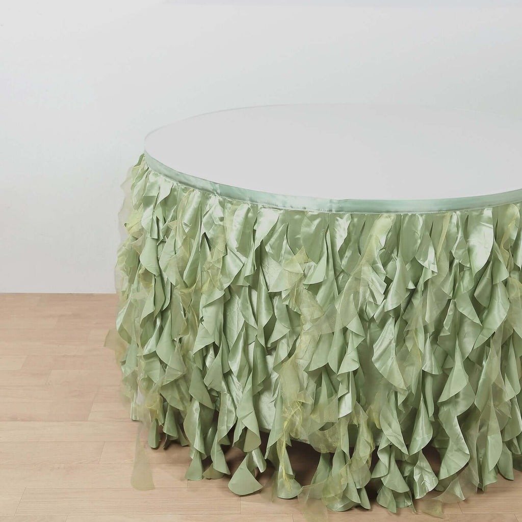 Taffeta 14ft Table Skirt Sage Green - Cascading Curly Willow Style Table Cover - Bell Racket Store