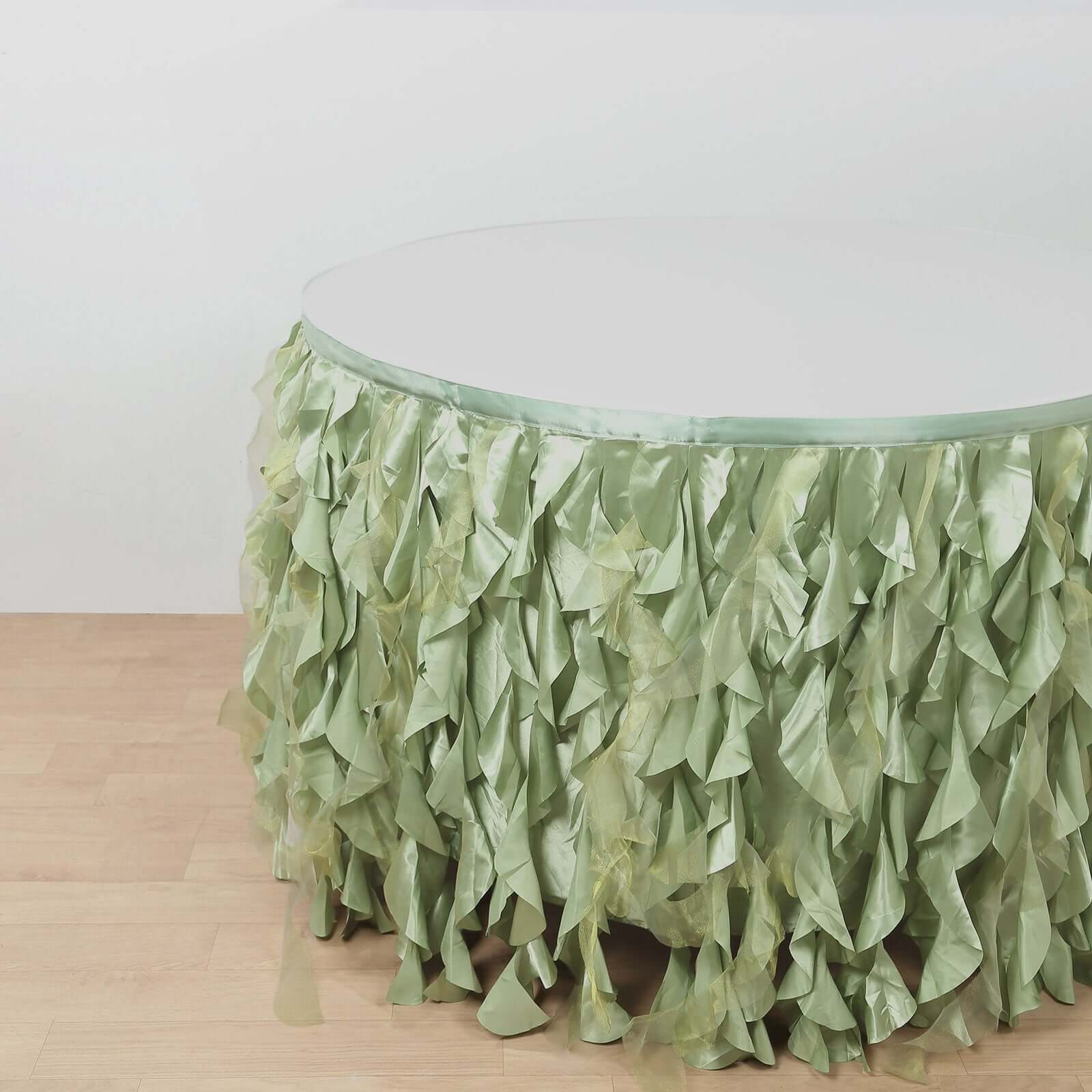 Taffeta 14ft Table Skirt Sage Green - Cascading Curly Willow Style Table Cover - Bell Racket Store