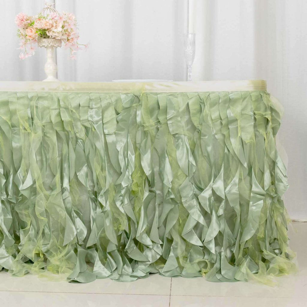 Taffeta 14ft Table Skirt Sage Green - Cascading Curly Willow Style Table Cover - Bell Racket Store