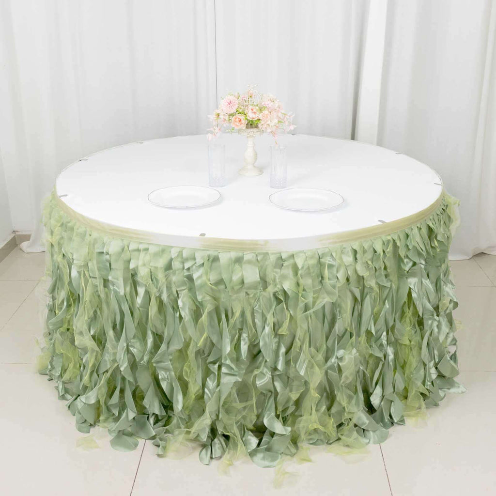 Taffeta 14ft Table Skirt Sage Green - Cascading Curly Willow Style Table Cover - Bell Racket Store