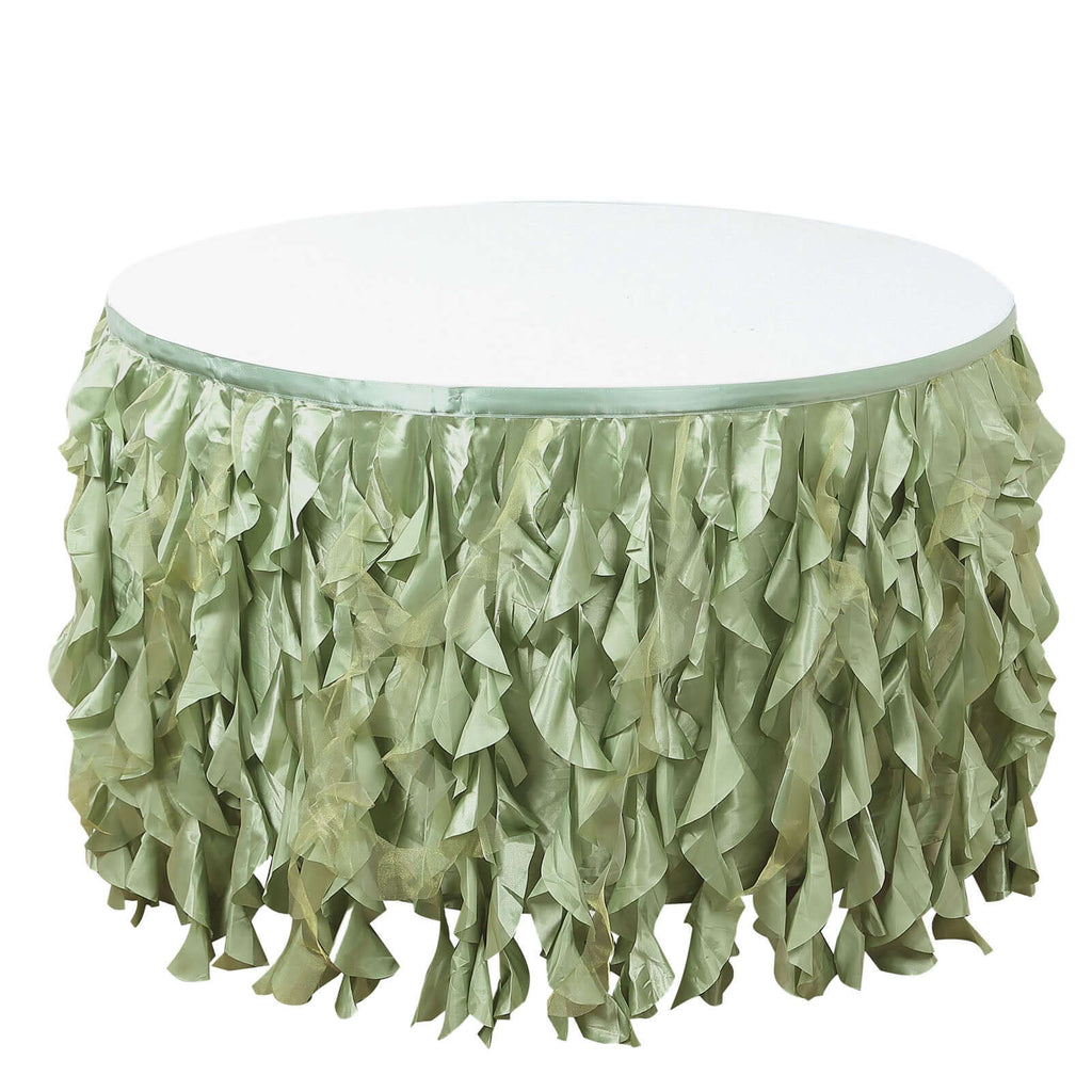Taffeta 14ft Table Skirt Sage Green - Cascading Curly Willow Style Table Cover - Bell Racket Store