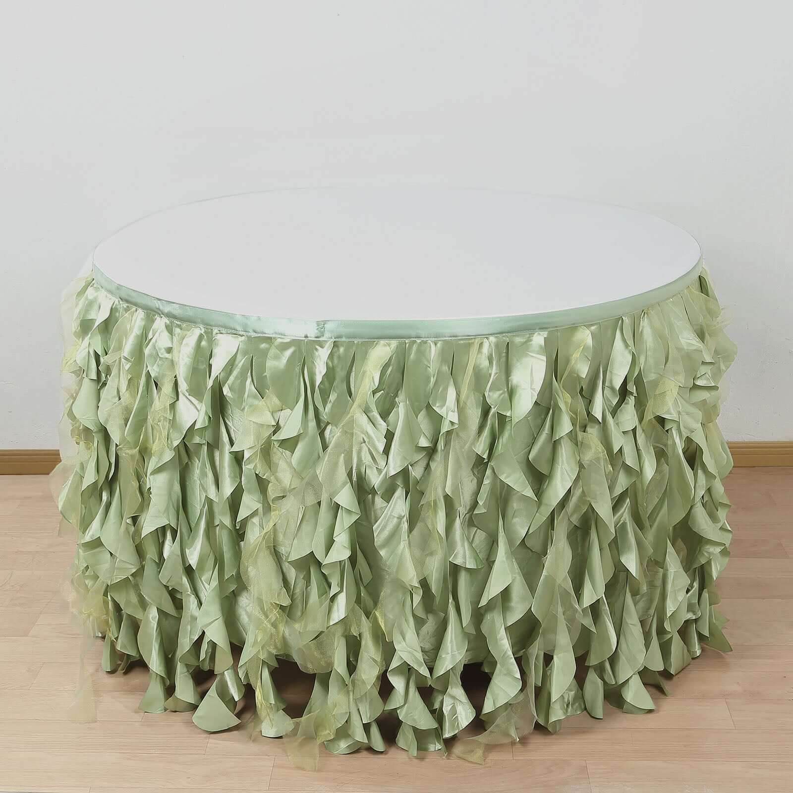 Taffeta 14ft Table Skirt Sage Green - Cascading Curly Willow Style Table Cover - Bell Racket Store