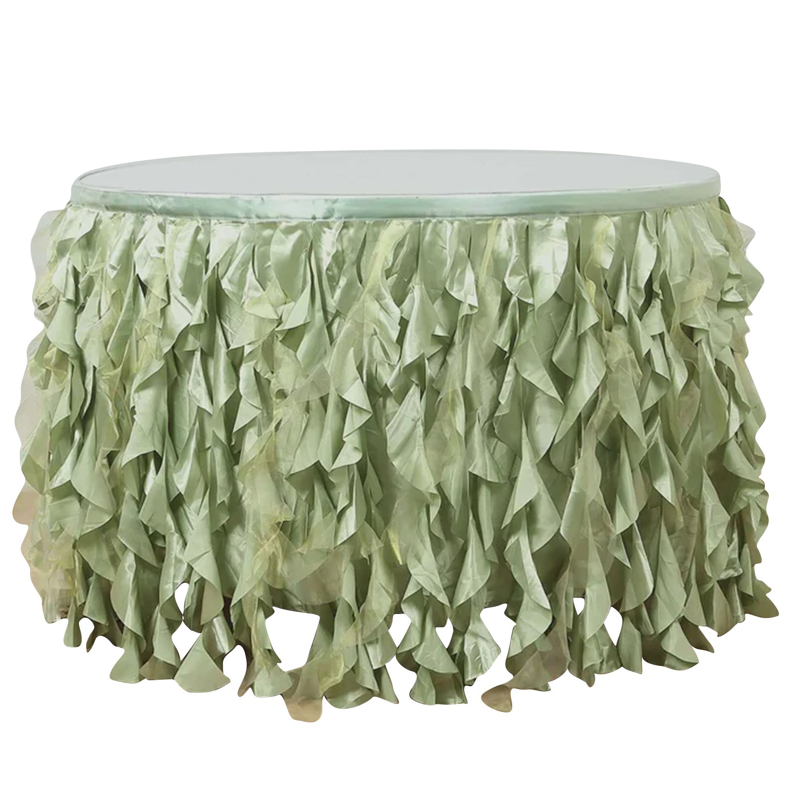 Taffeta 14ft Table Skirt Sage Green - Cascading Curly Willow Style Table Cover - Bell Racket Store