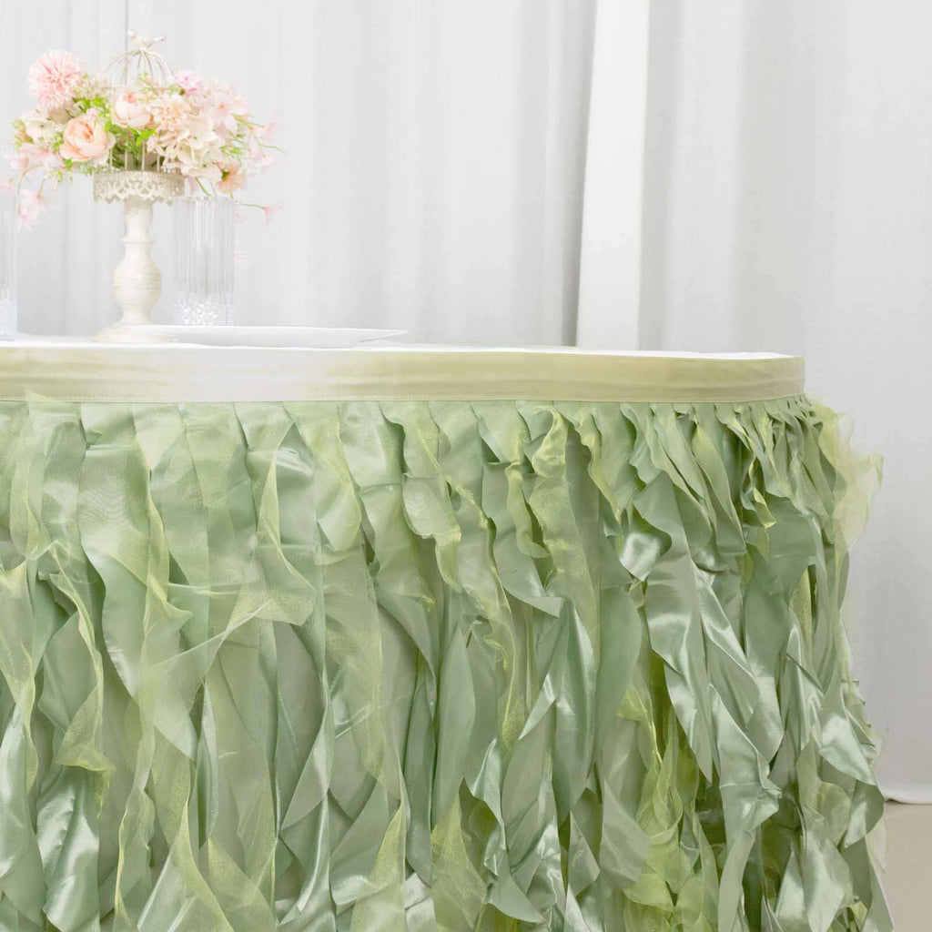 Taffeta 14ft Table Skirt Sage Green - Cascading Curly Willow Style Table Cover - Bell Racket Store