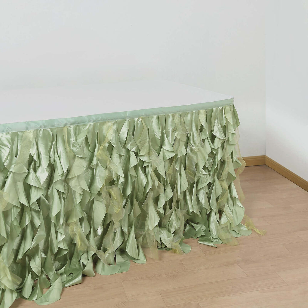 Taffeta 14ft Table Skirt Sage Green - Cascading Curly Willow Style Table Cover - Bell Racket Store