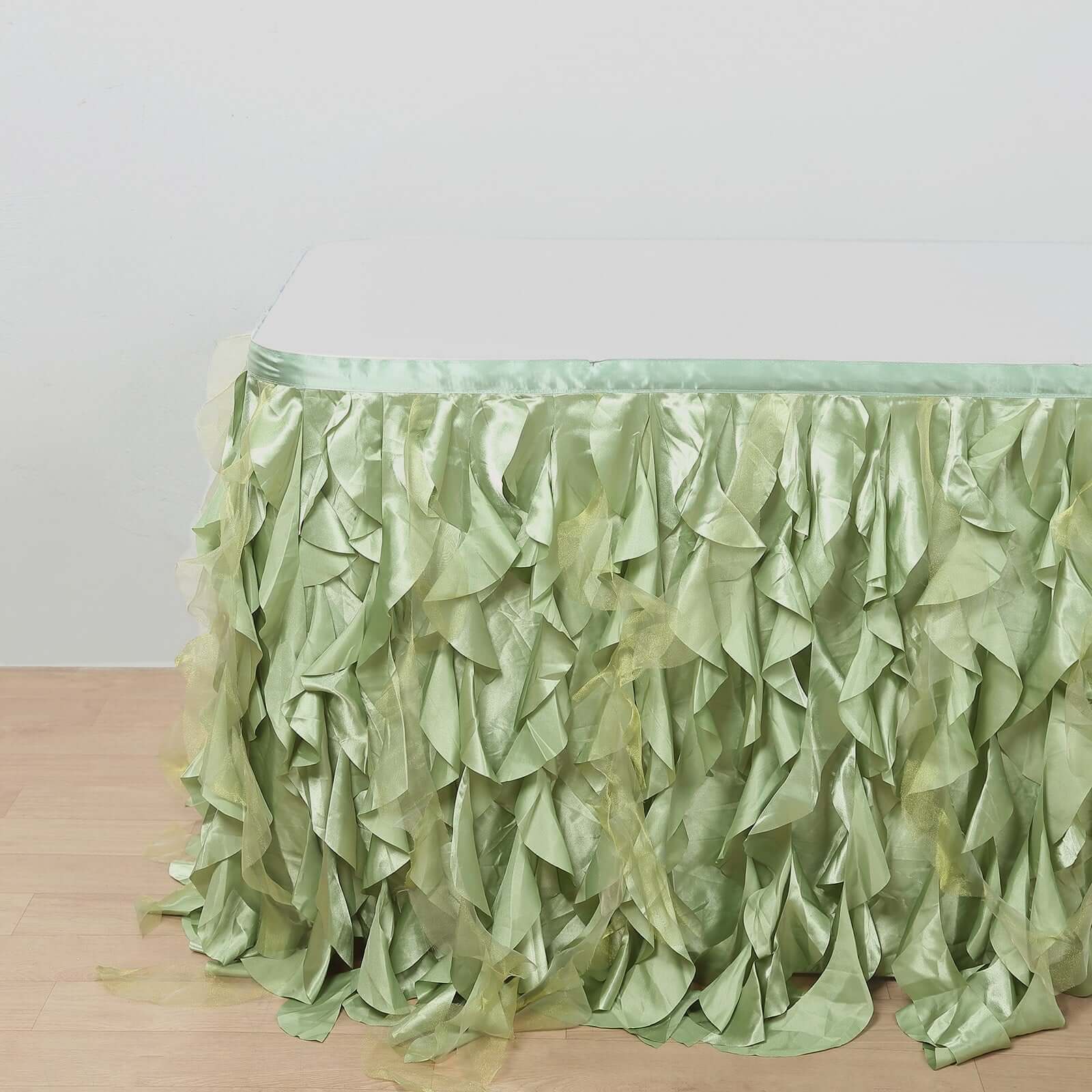 Taffeta 14ft Table Skirt Sage Green - Cascading Curly Willow Style Table Cover - Bell Racket Store
