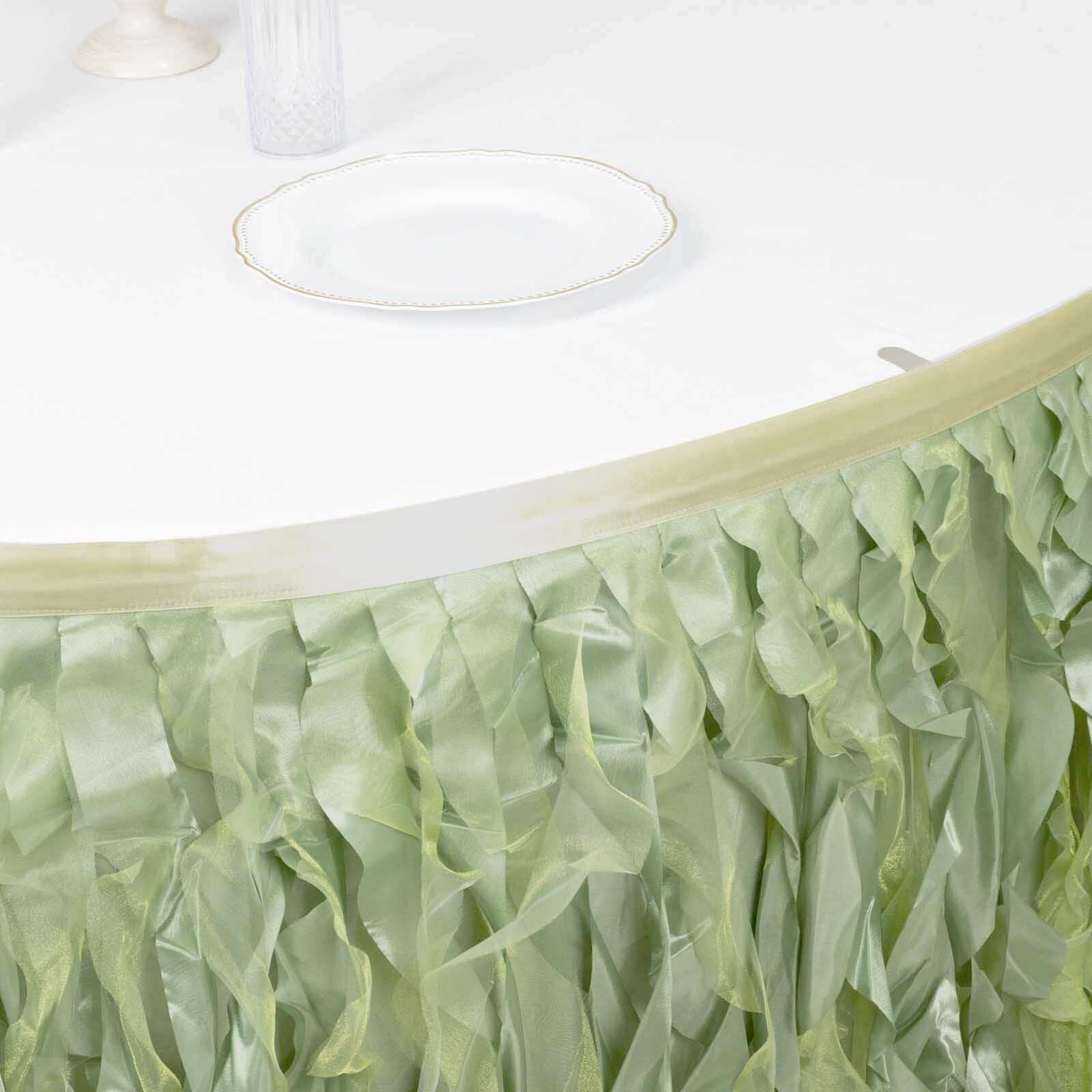 Taffeta 14ft Table Skirt Sage Green - Cascading Curly Willow Style Table Cover - Bell Racket Store