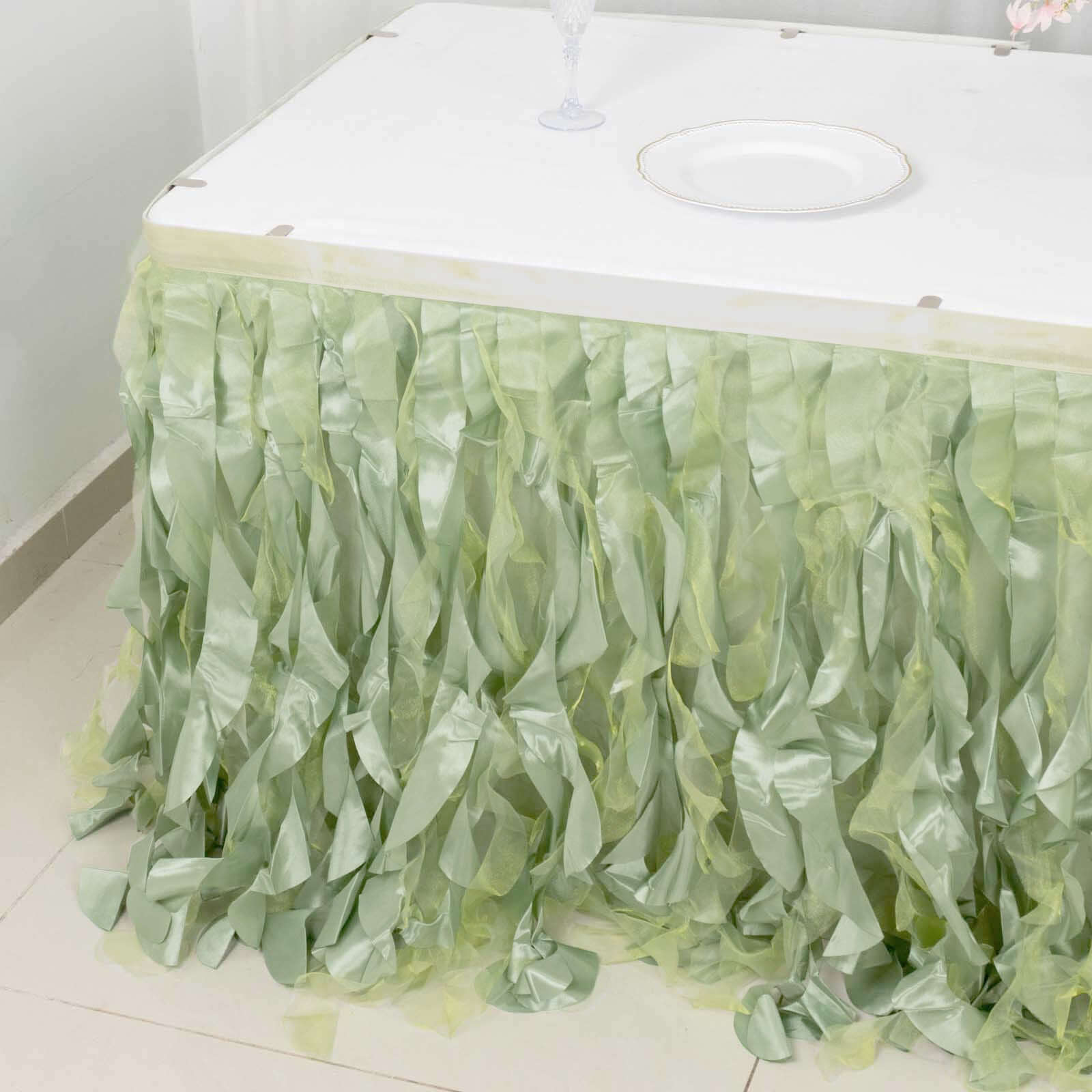 Taffeta 14ft Table Skirt Sage Green - Cascading Curly Willow Style Table Cover - Bell Racket Store