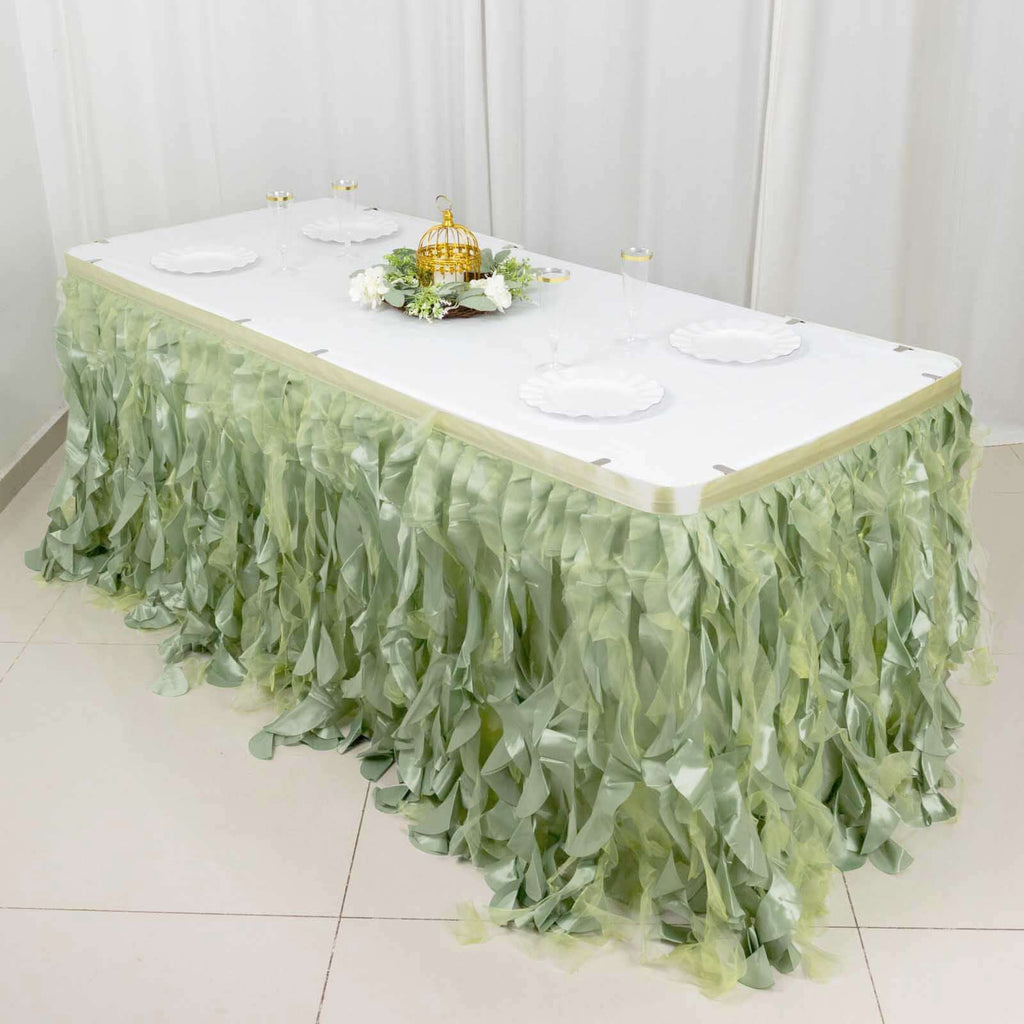 Taffeta 14ft Table Skirt Sage Green - Cascading Curly Willow Style Table Cover - Bell Racket Store