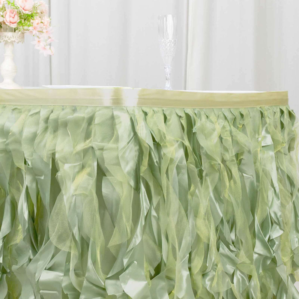 Taffeta 14ft Table Skirt Sage Green - Cascading Curly Willow Style Table Cover - Bell Racket Store