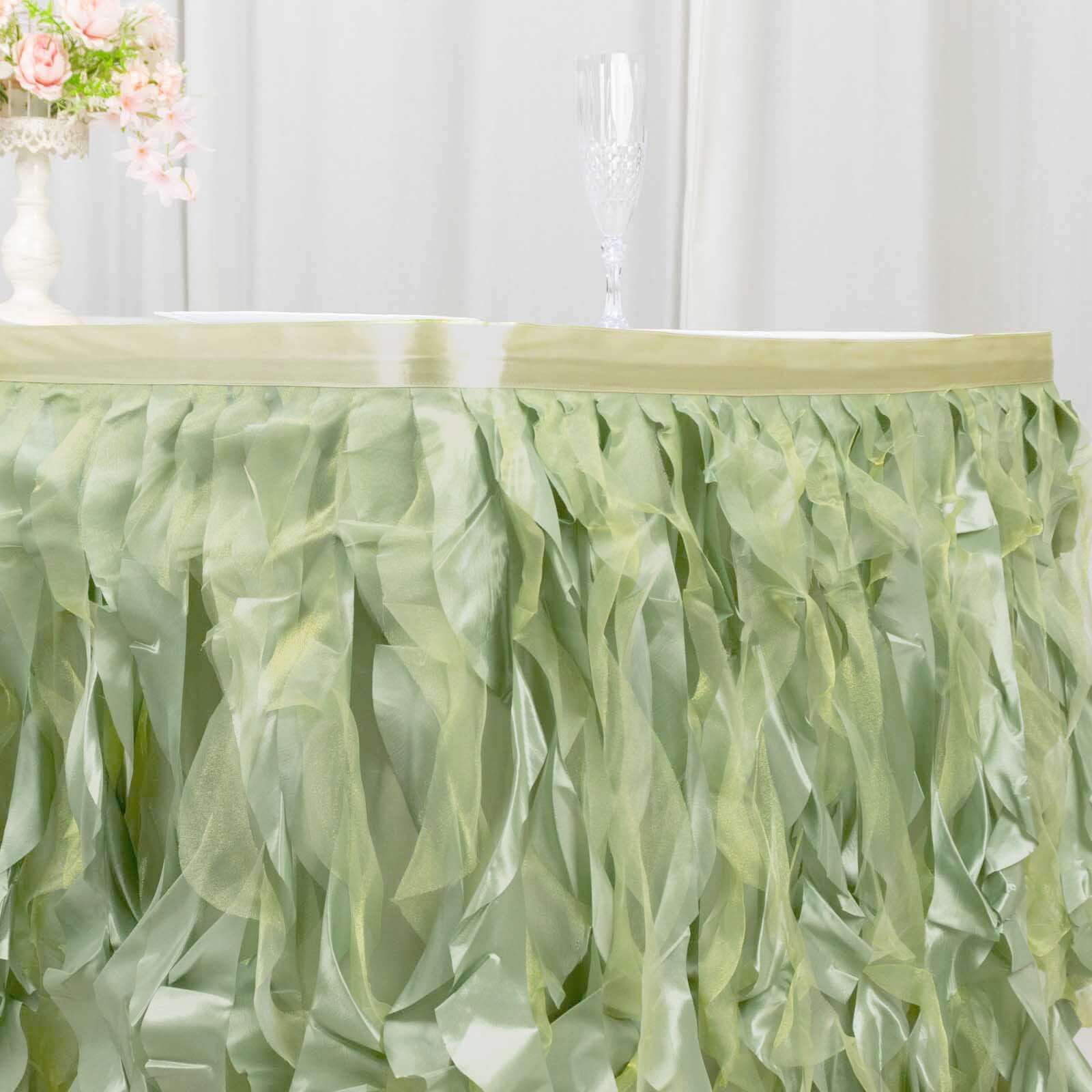 Taffeta 14ft Table Skirt Sage Green - Cascading Curly Willow Style Table Cover - Bell Racket Store