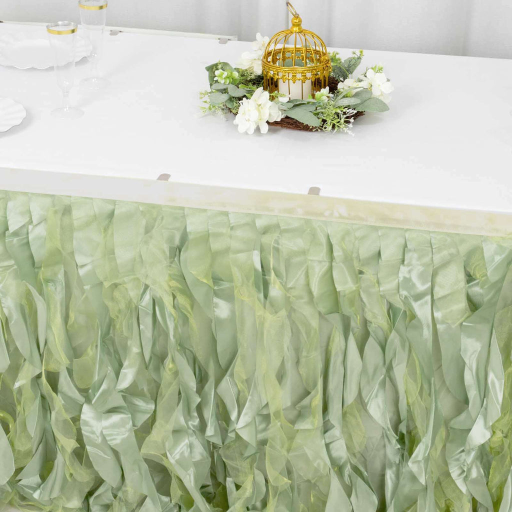 Taffeta 14ft Table Skirt Sage Green - Cascading Curly Willow Style Table Cover - Bell Racket Store