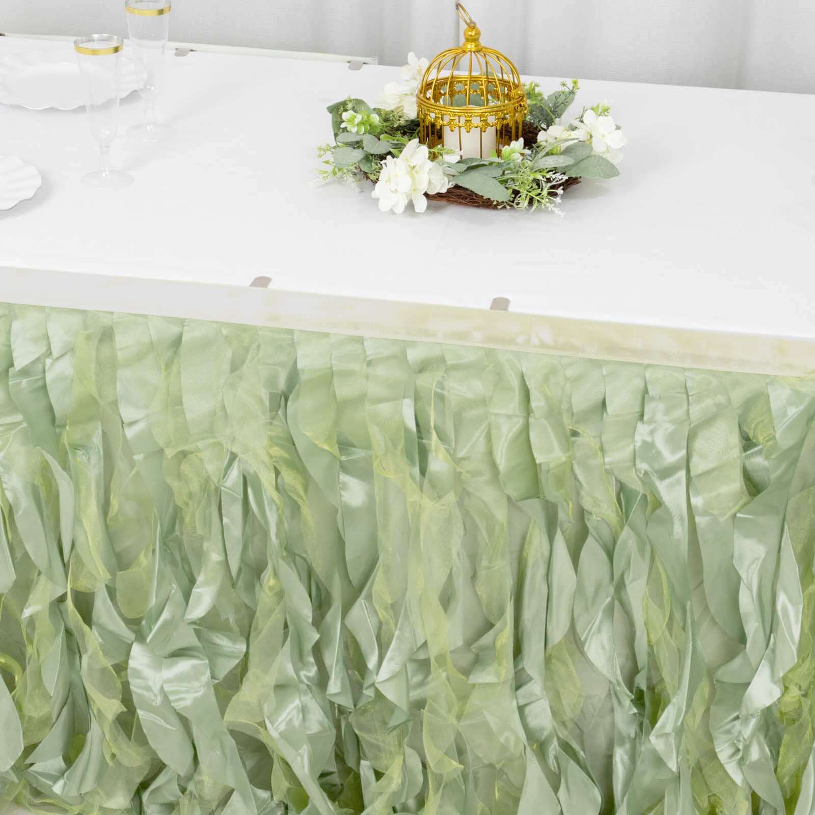 Taffeta 14ft Table Skirt Sage Green - Cascading Curly Willow Style Table Cover - Bell Racket Store