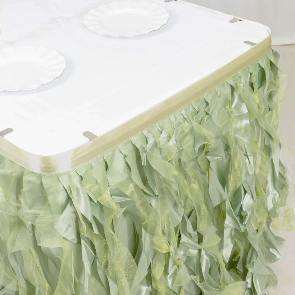 Taffeta 14ft Table Skirt Sage Green - Cascading Curly Willow Style Table Cover - Bell Racket Store