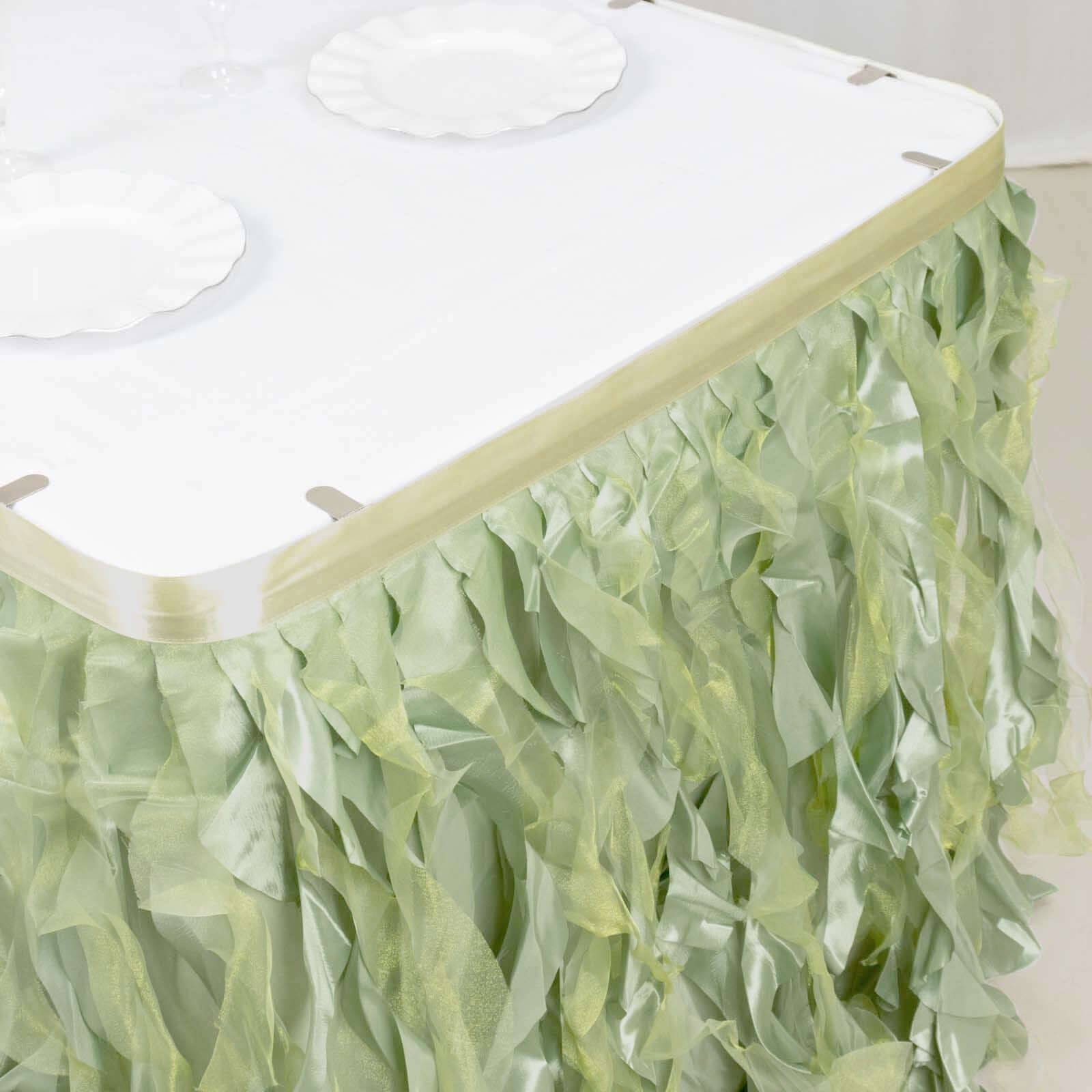 Taffeta 14ft Table Skirt Sage Green - Cascading Curly Willow Style Table Cover - Bell Racket Store