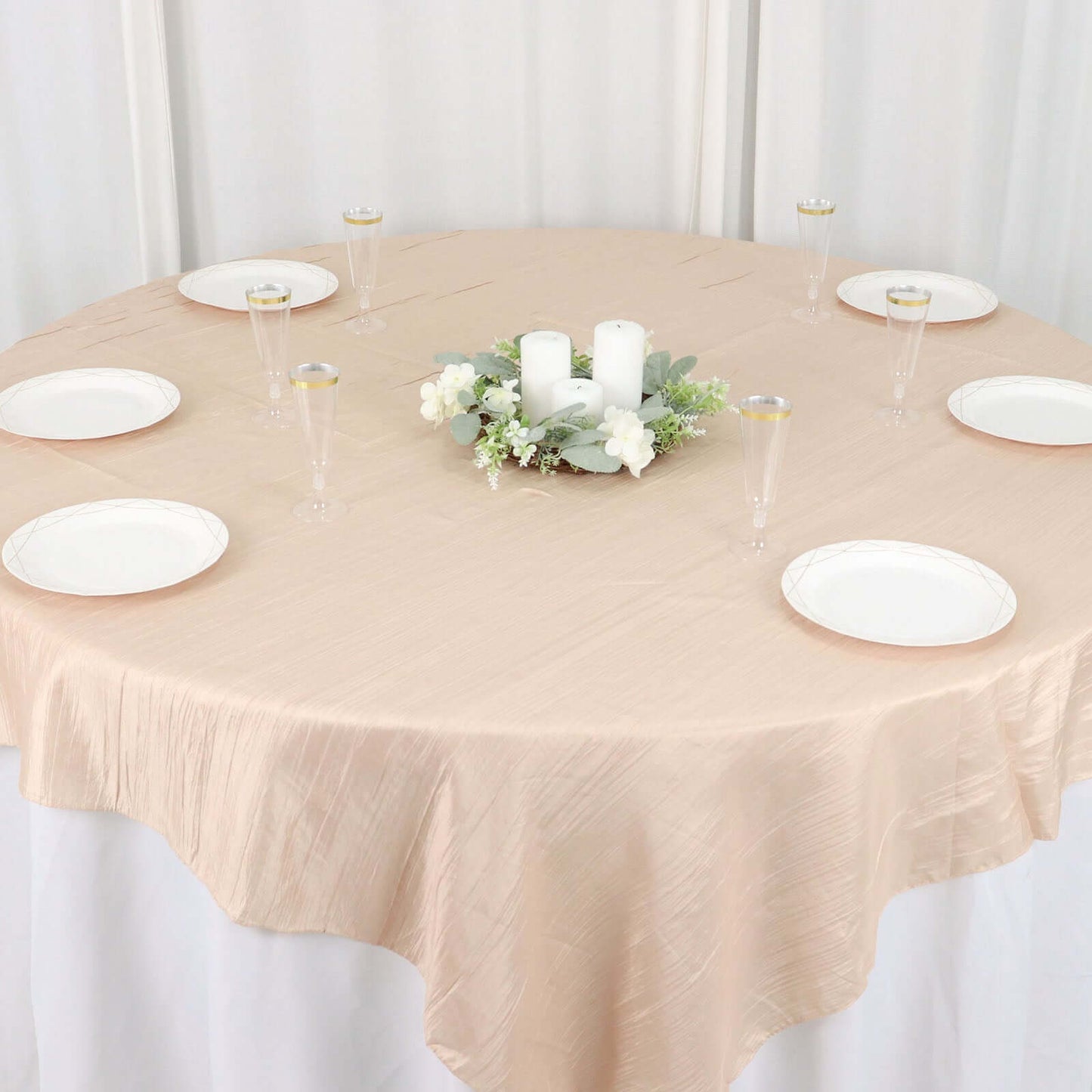 Taffeta 72"x72" Table Overlay Square Tablecloth Beige - Accordion Crinkle Table Cover - Bell Racket Store