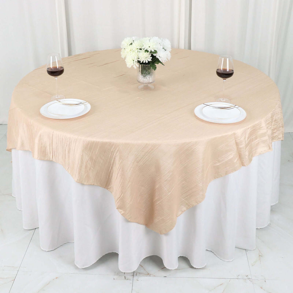 Taffeta 72"x72" Table Overlay Square Tablecloth Beige - Accordion Crinkle Table Cover - Bell Racket Store