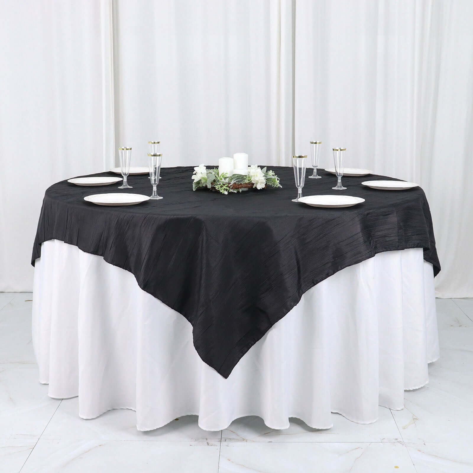 Taffeta 72"x72" Table Overlay Square Tablecloth Black - Accordion Crinkle Table Cover - Bell Racket Store