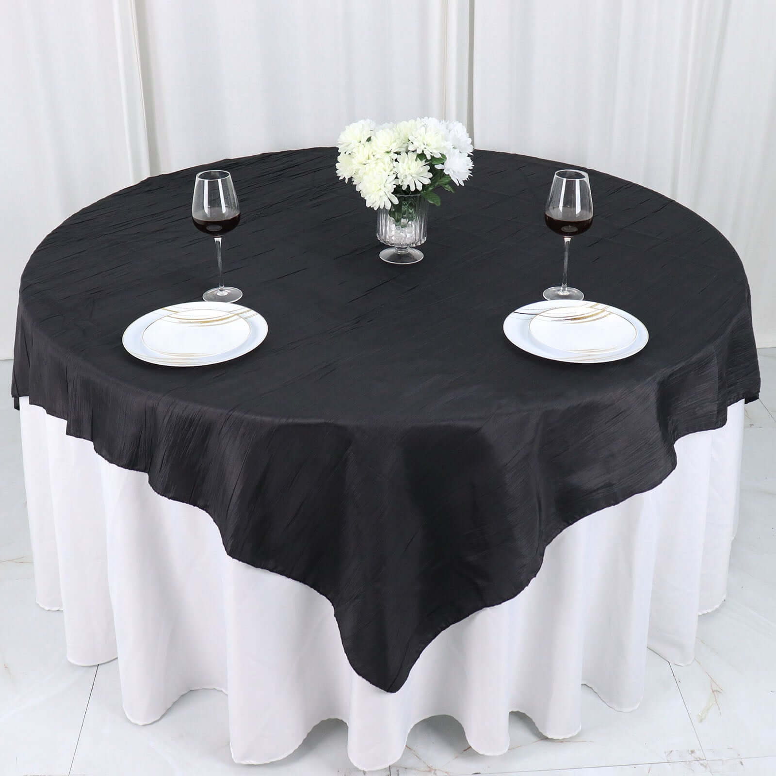 Taffeta 72"x72" Table Overlay Square Tablecloth Black - Accordion Crinkle Table Cover - Bell Racket Store