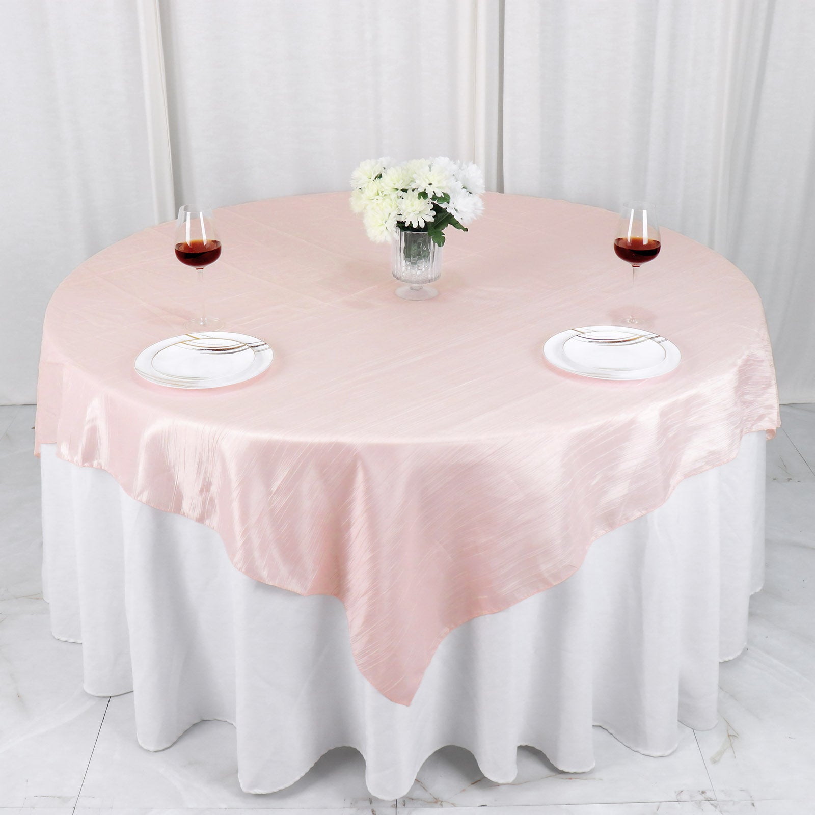 Taffeta 72"x72" Table Overlay Square Tablecloth Blush - Accordion Crinkle Table Cover - Bell Racket Store
