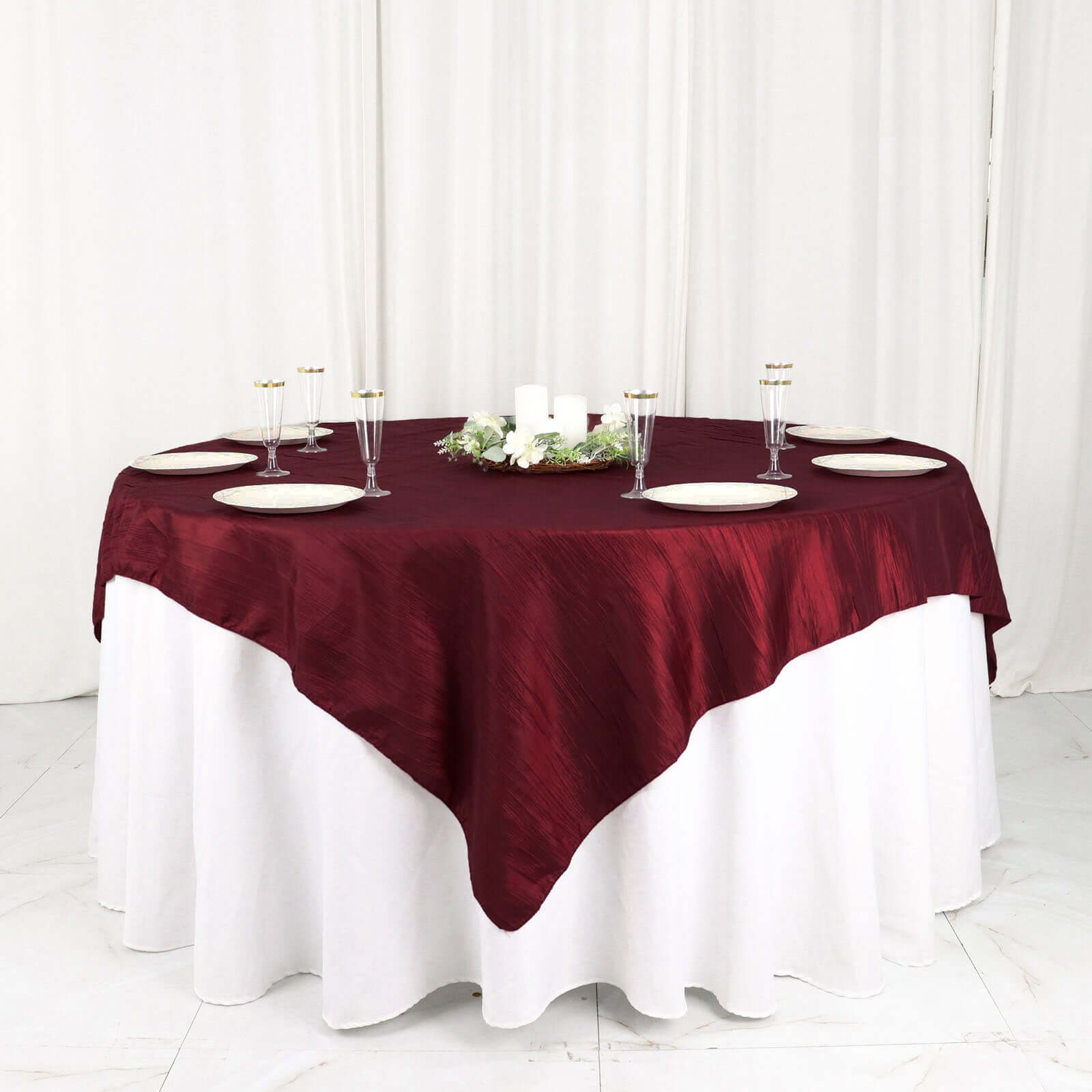 Taffeta 72"x72" Table Overlay Square Tablecloth Burgundy - Accordion Crinkle Table Cover - Bell Racket Store